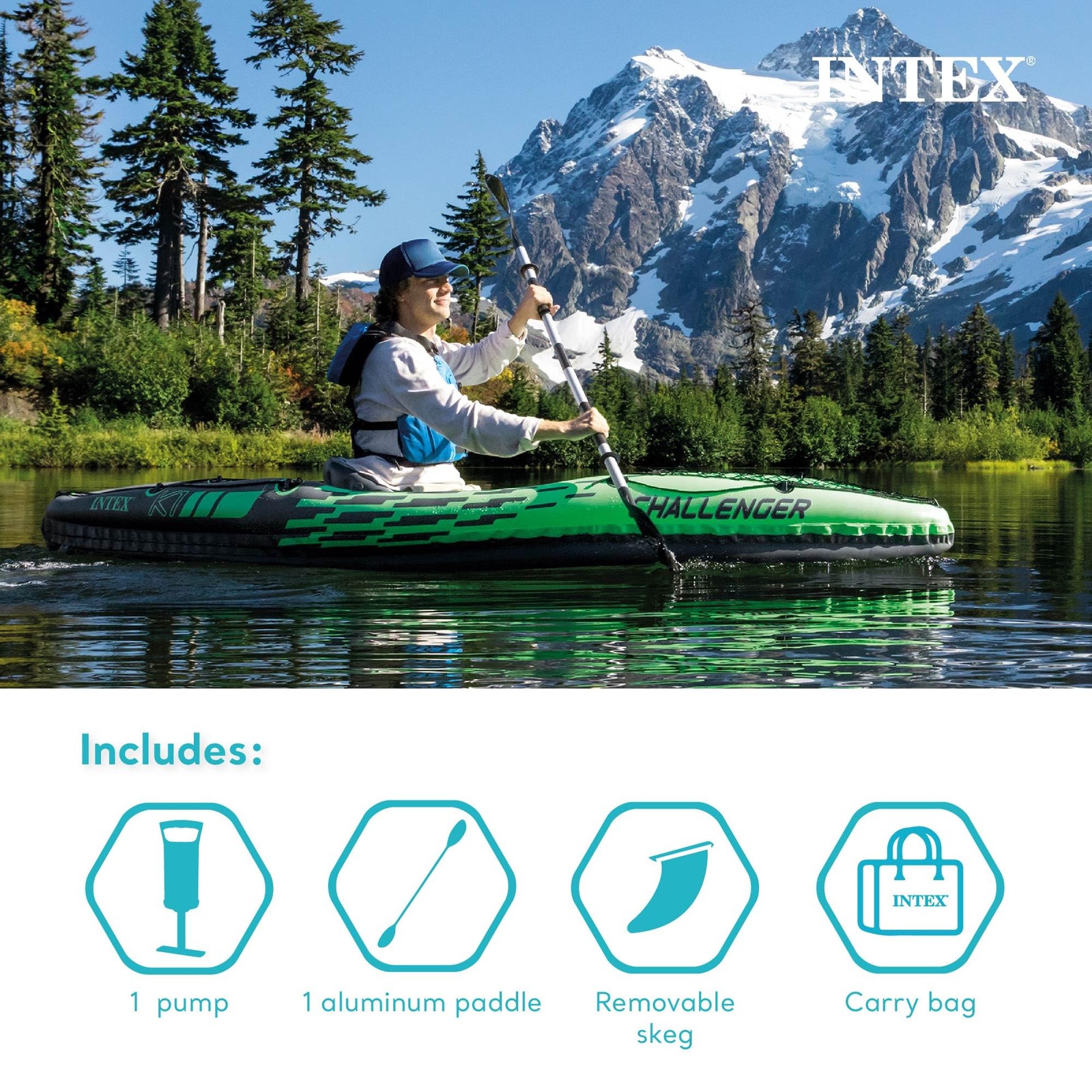 Intex Challenger K1 1 Person Durable Vinyl Streamline 108″ x 30″ x 13″, Green