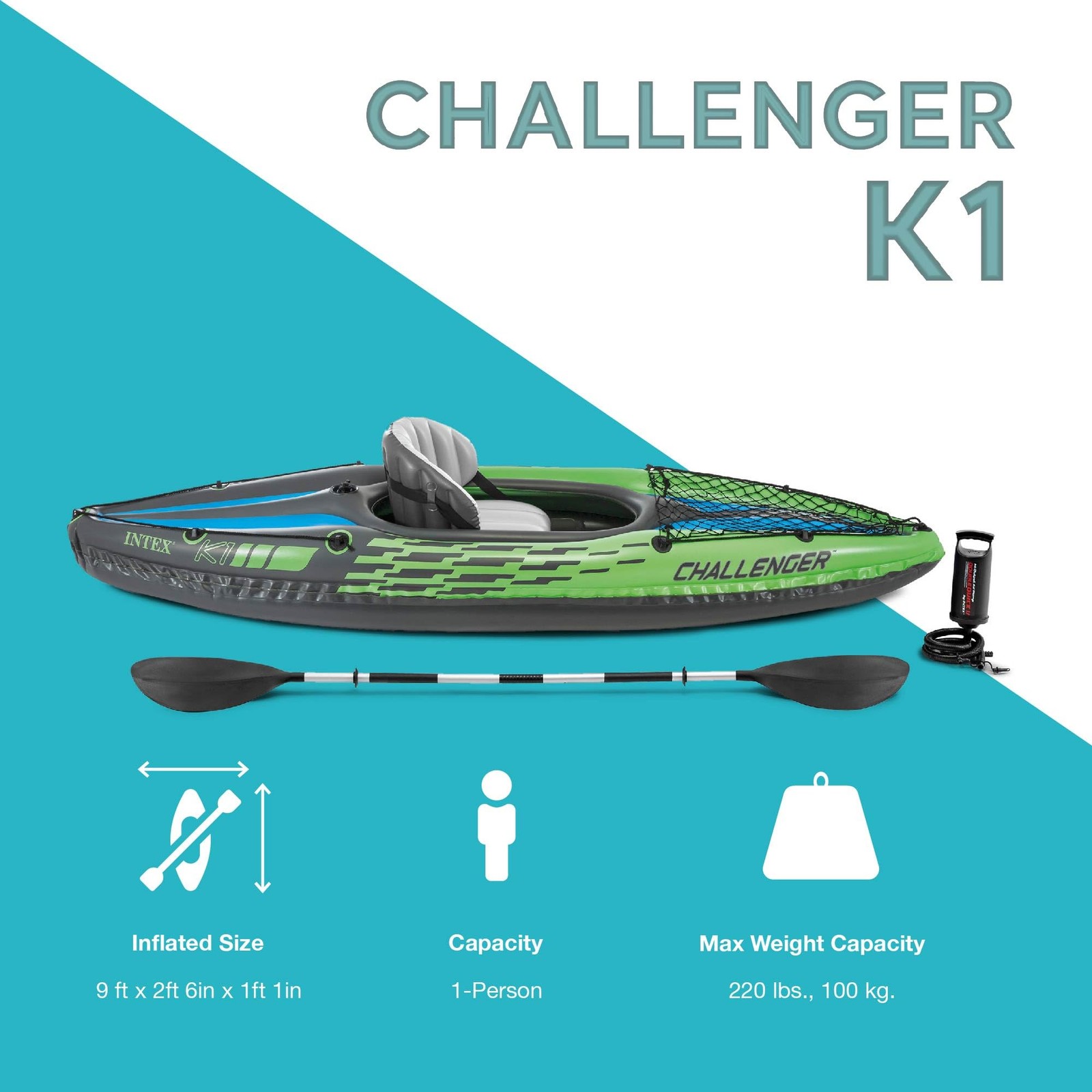 Intex Challenger K1 1 Person Durable Vinyl Streamline 108″ x 30″ x 13″, Green