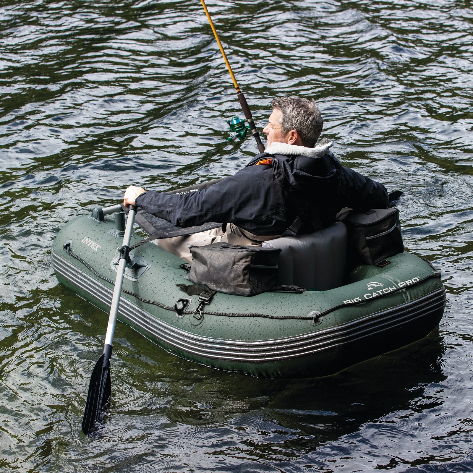 INTEX Big Catch Pro Inflatable Fishing Float Tube Set w/Oars, Pump & Rod Holders
