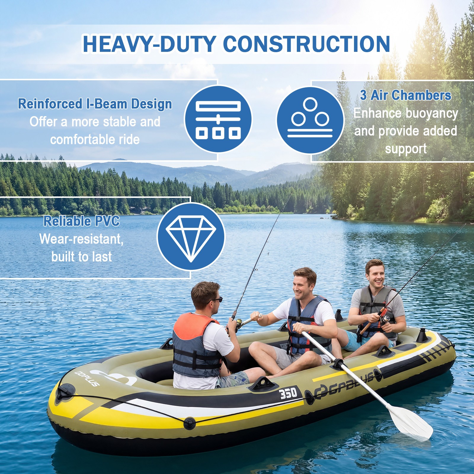 Heavy-Duty Inflatable Boat 4-Person Fishing Raft Set for 3 Adults and 1 Kid
