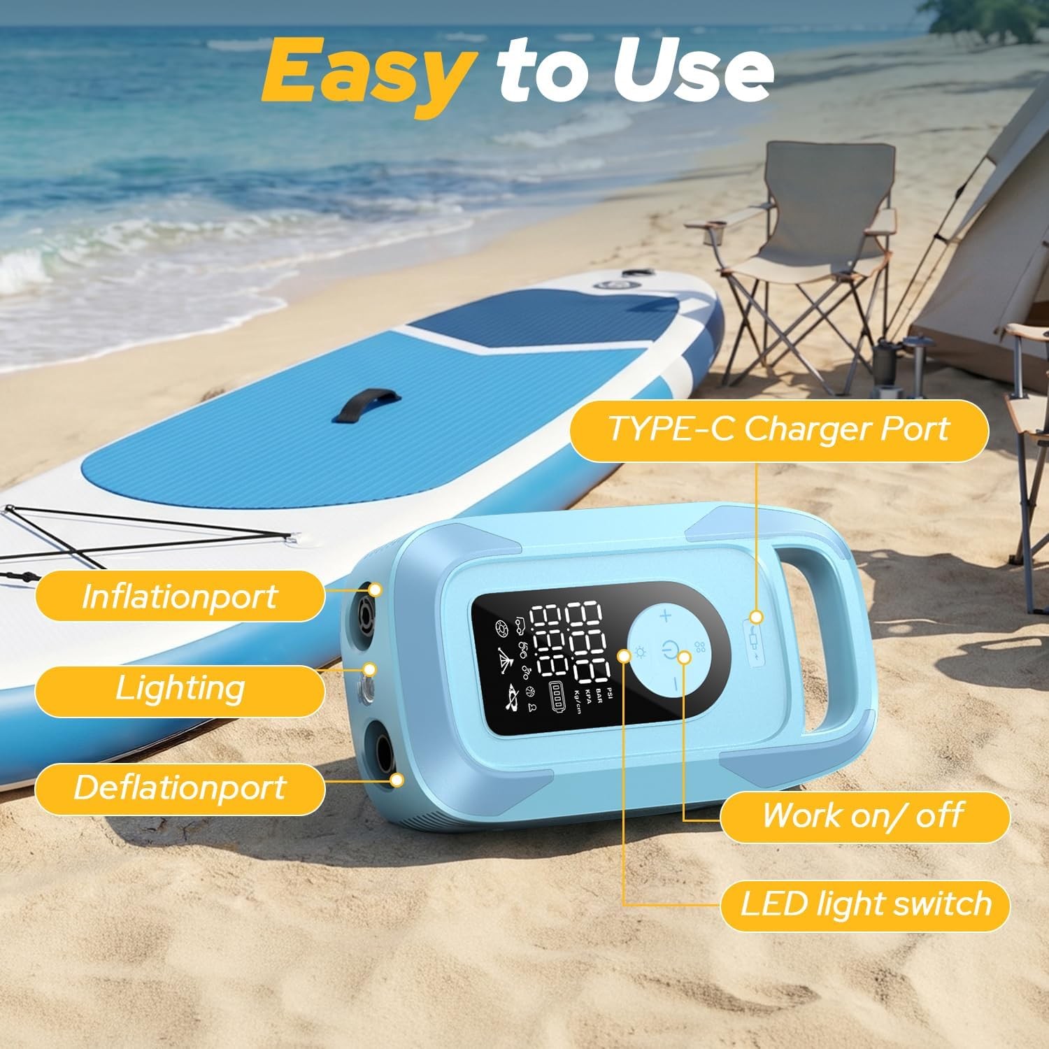 150PSI Electric SUP Air Pump LED Light 16000mAh for Paddle Board,Boat,Tent,Kayak
