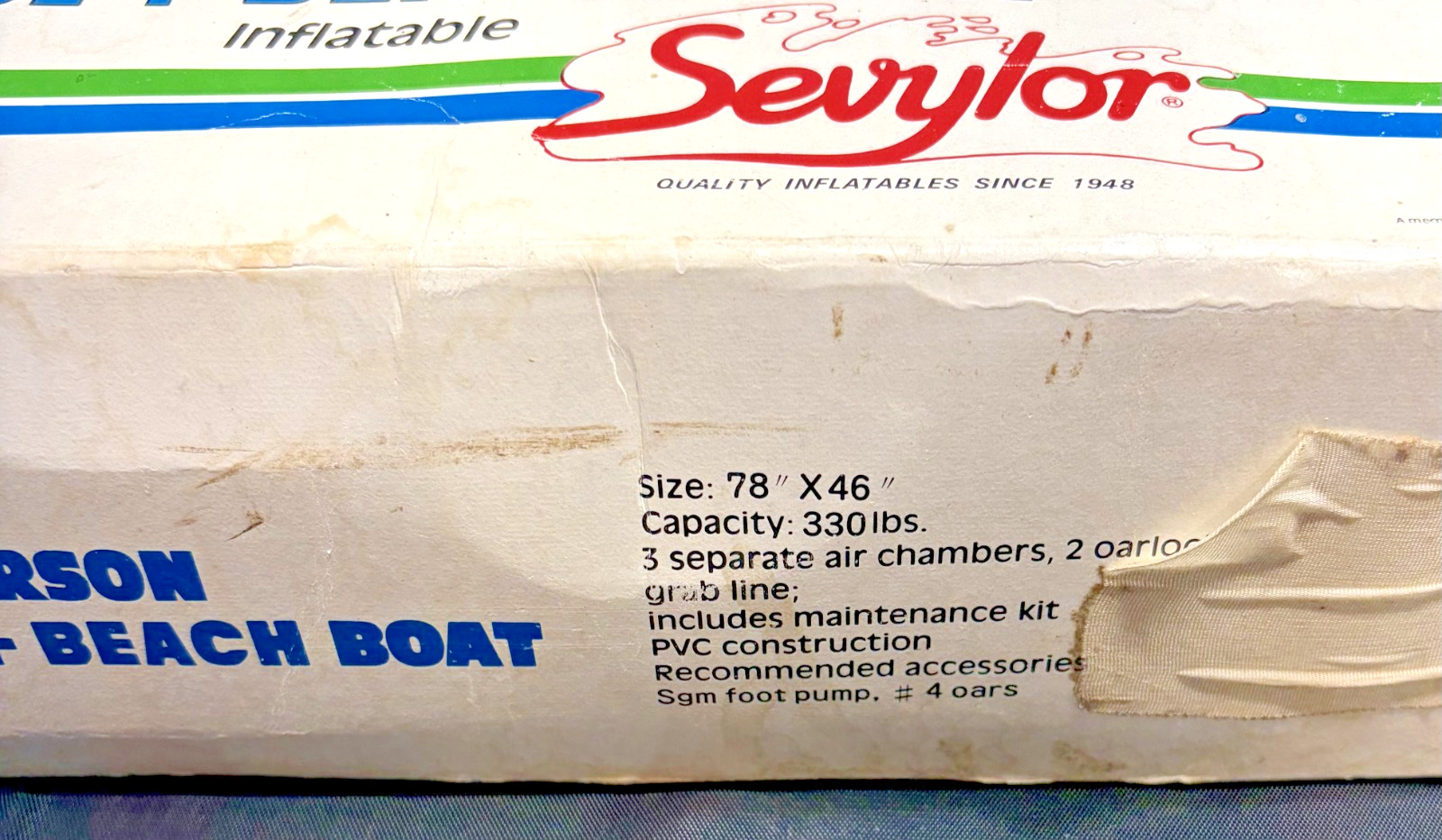 Vintage Sevylor Inflatable 2 Person Beach Boat G200 New With Paddles 78 X 46