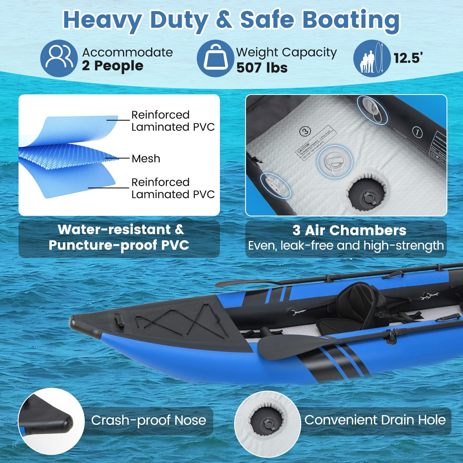 S AFSTAR Inflatable Kayak, 2 Person Canoe with 507 lbs Capacity, Drop-Stitch …