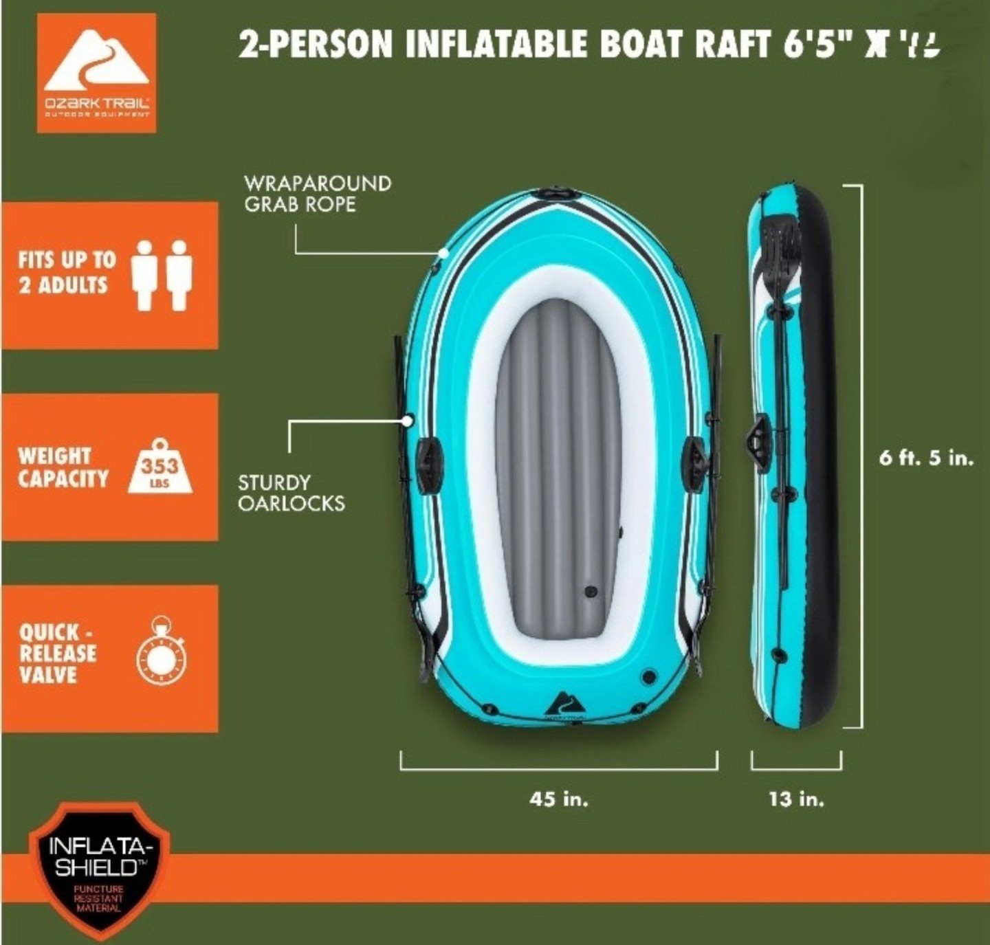 2 Person Inflatable Raft w/2 Oars and Air Pump