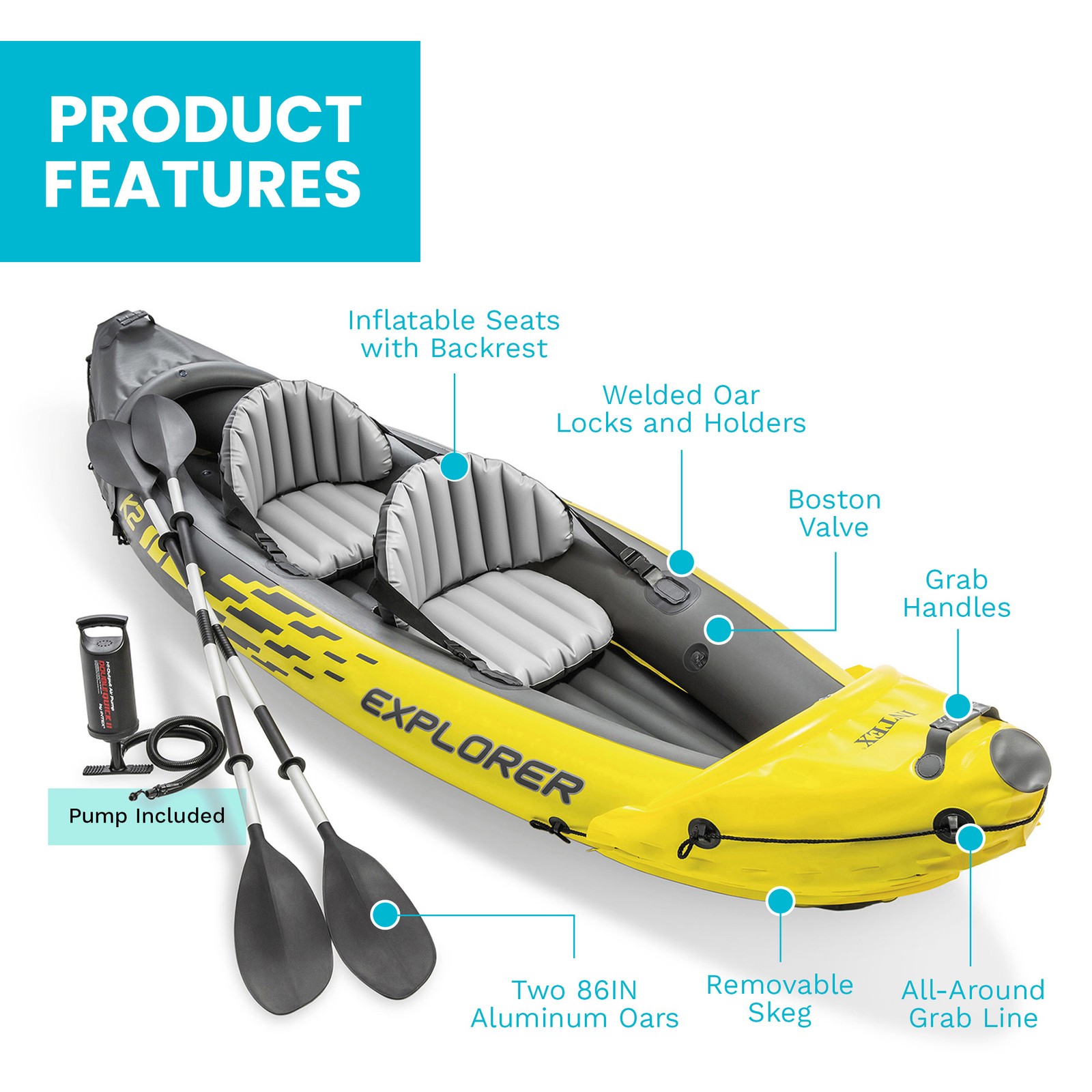 INTEX Explorer K2 Inflatable Kayak w/ Aluminum Oars & Pump,Yellow (Open Box)