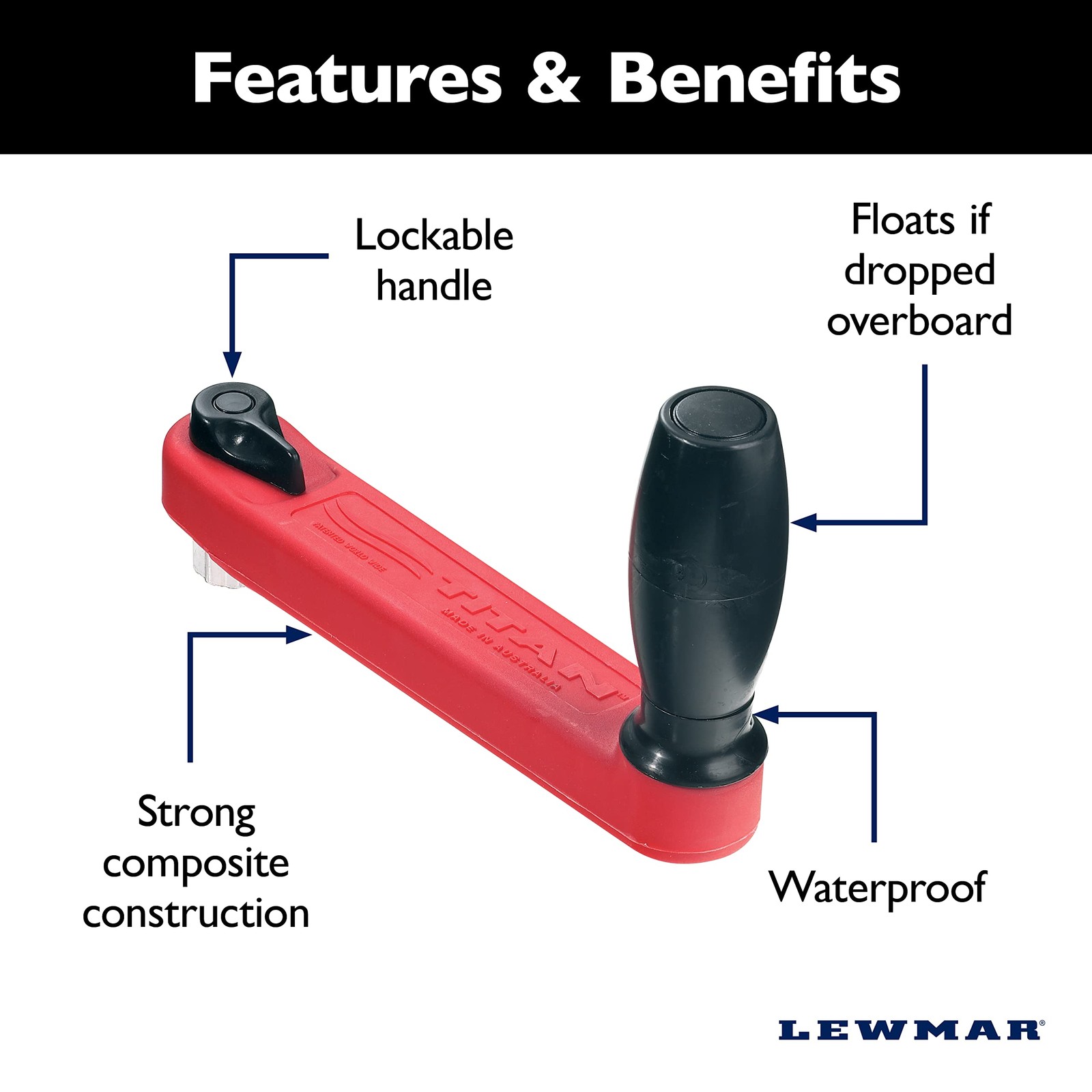 Lewmar 8 Single Grip Winch Handle Locking Red Black Grip Lightweight