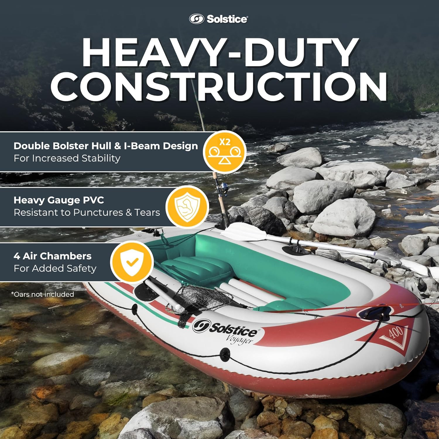 Solstice Voyager 4-Person Inflatable Fishing Boat with Dual Swivel Oar Locks and