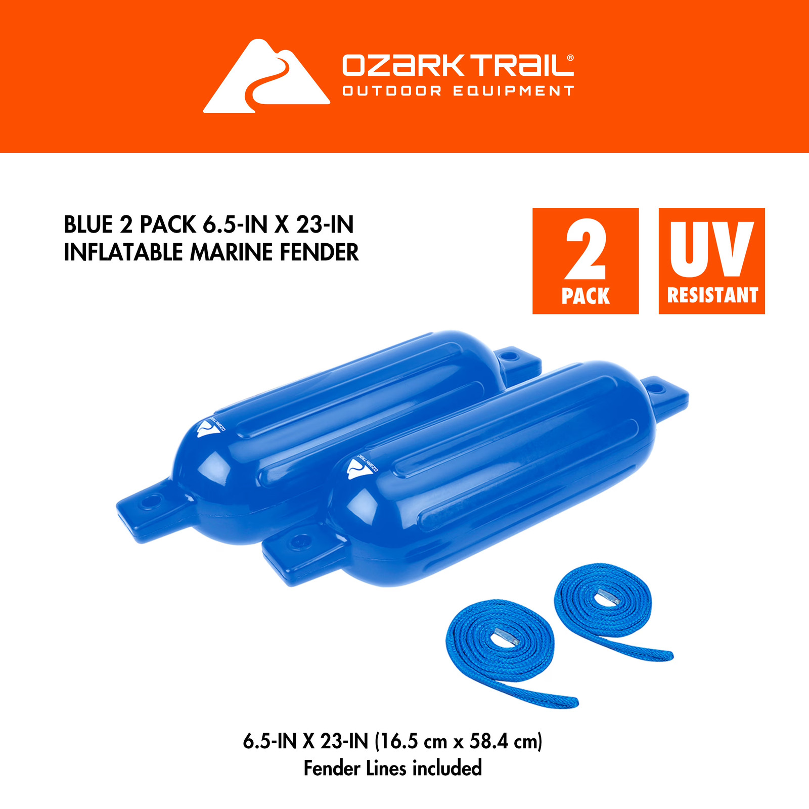 Ozark Trail 6.5×23″ Boat Fenders 2-Pack Blue w/Lines & Buoys