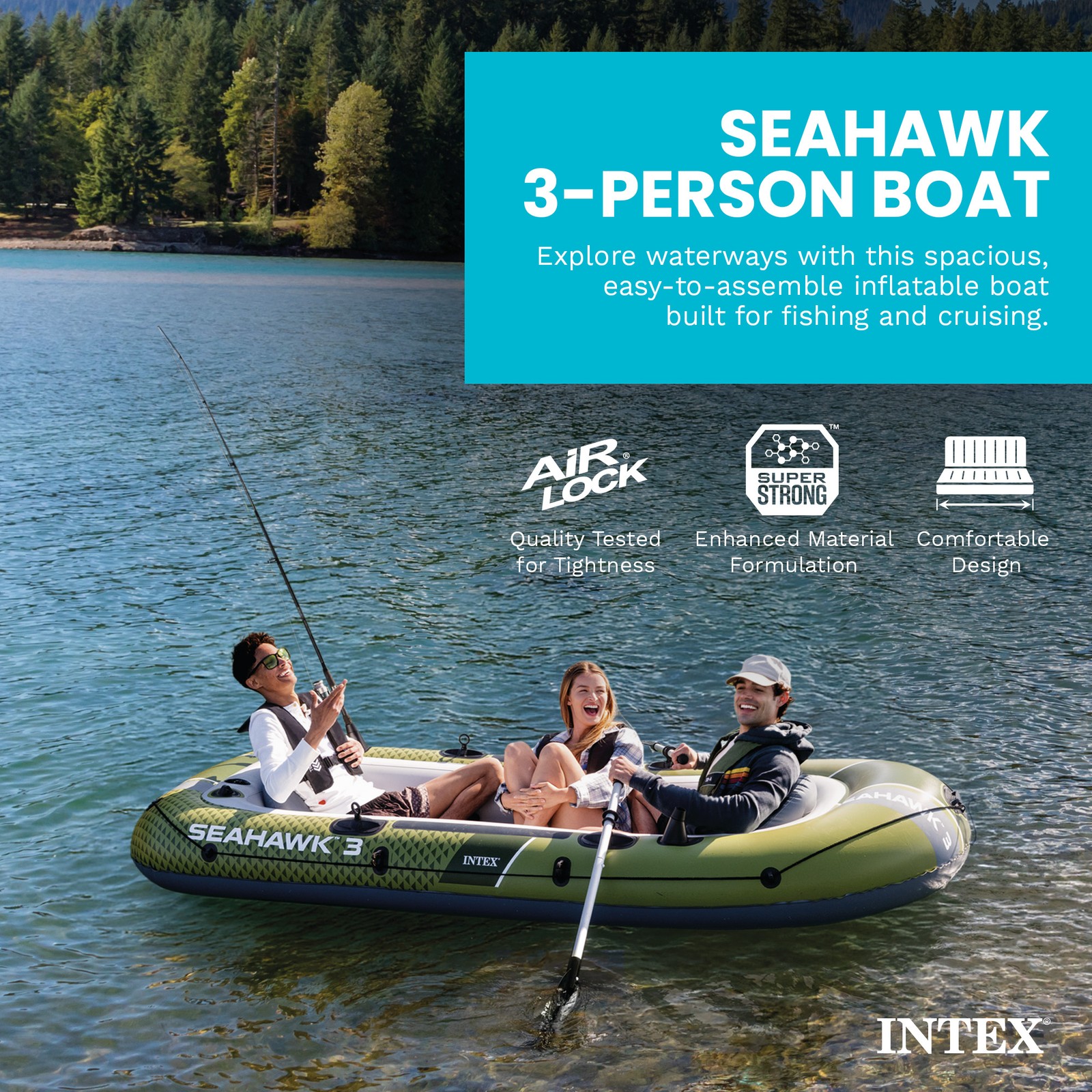 INTEX 66333EP Seahawk 3 Inflatable Boat Set with 54″ Oars, Pump, & Rod Holders