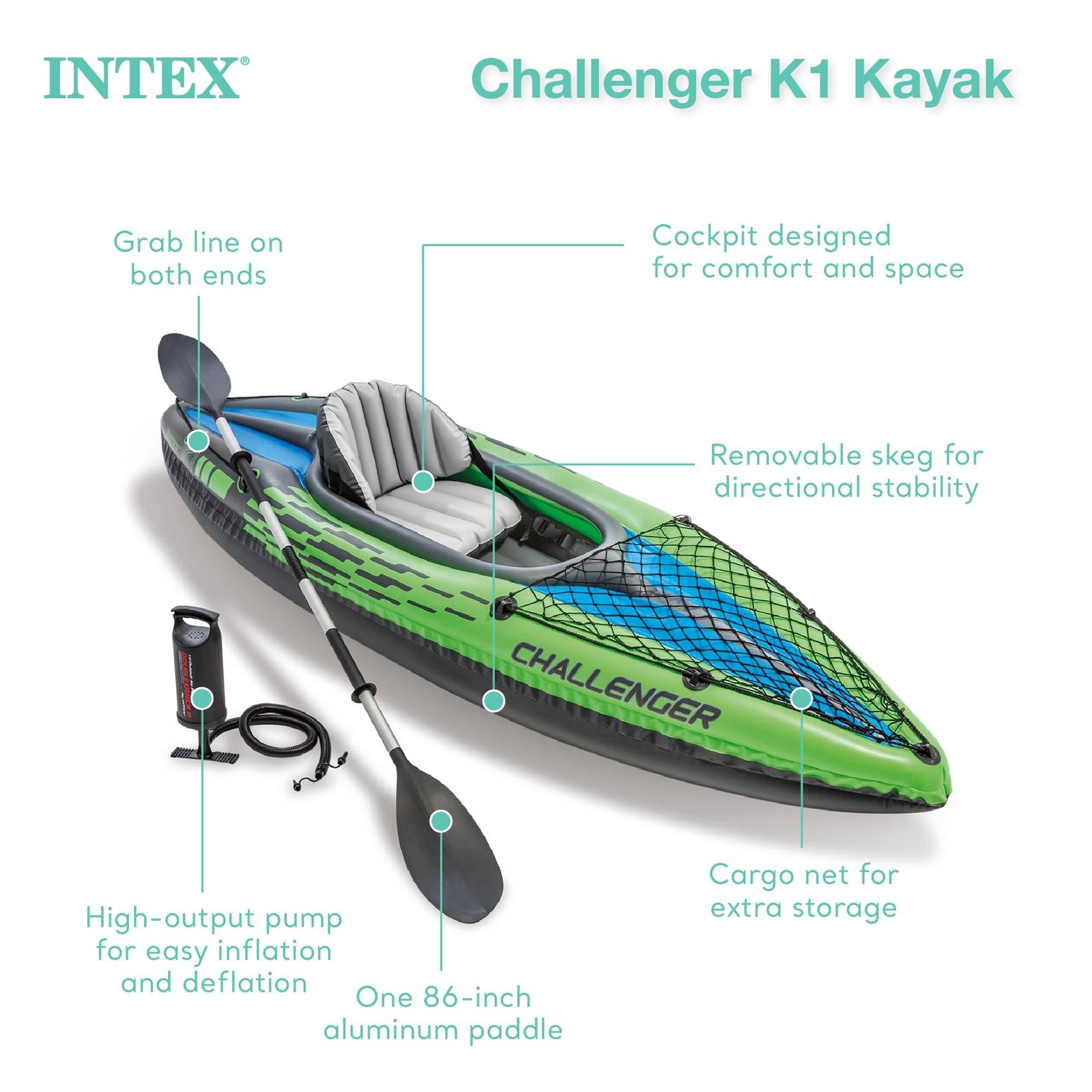 Intex Challenger K1 1 Person Durable Vinyl Streamline 108″ x 30″ x 13″, Green