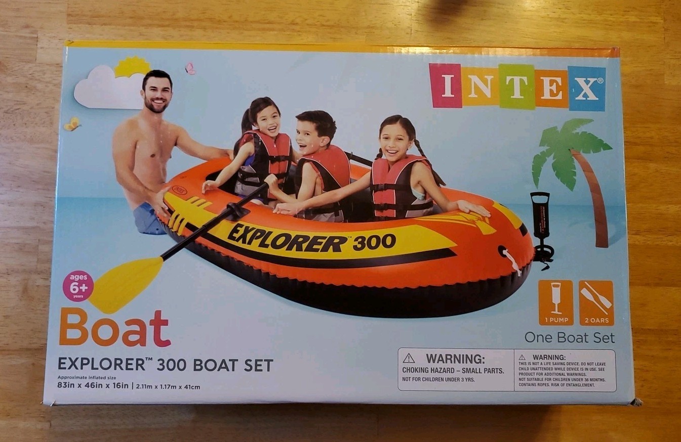 Intex Explorer 300 3 Person Inflatable Boat Set w/ 2 Oars & Air Pump MAX 410 lbs