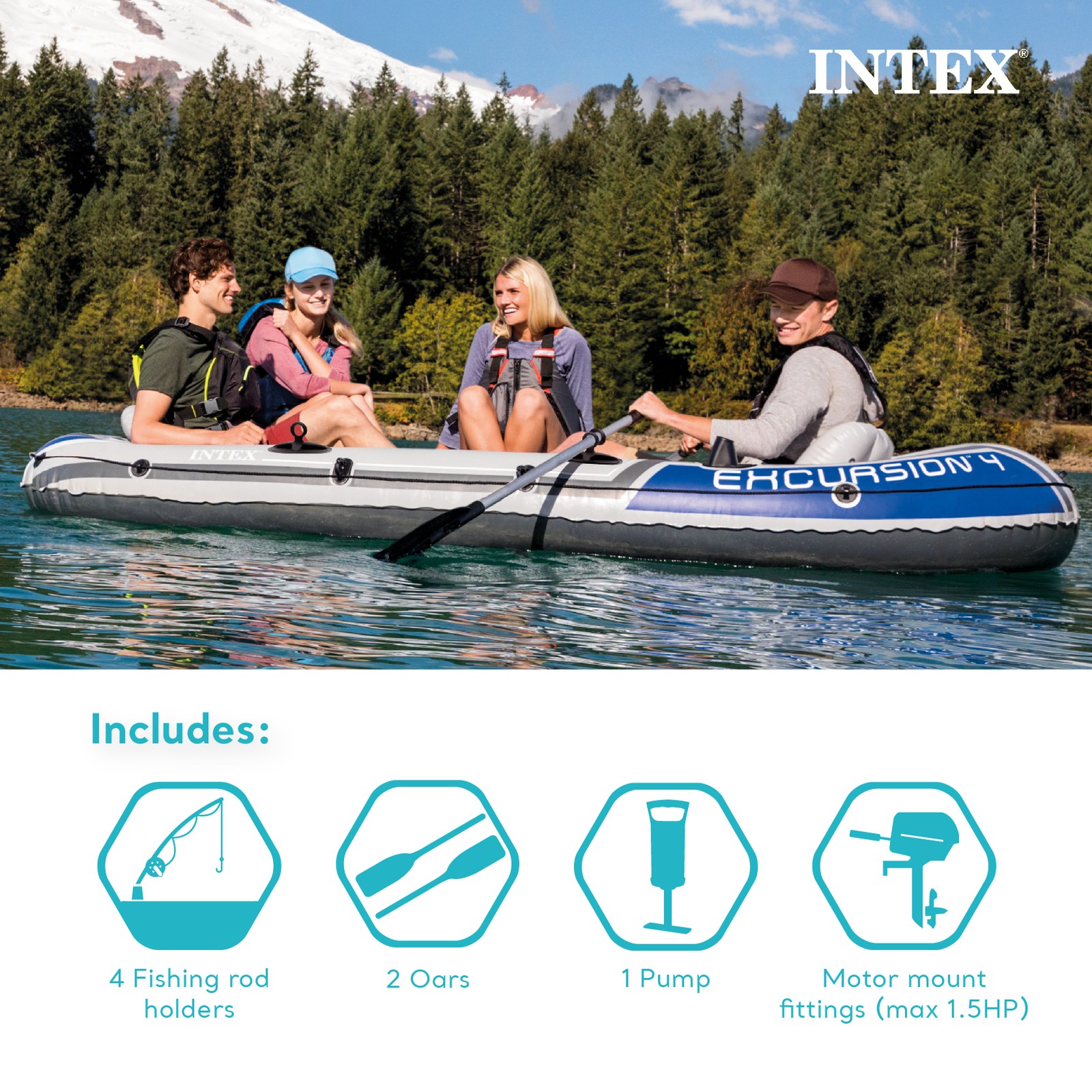 Intex Excursion Inflatable 5 Person Water Fishing River Boat Raft Set with Oars