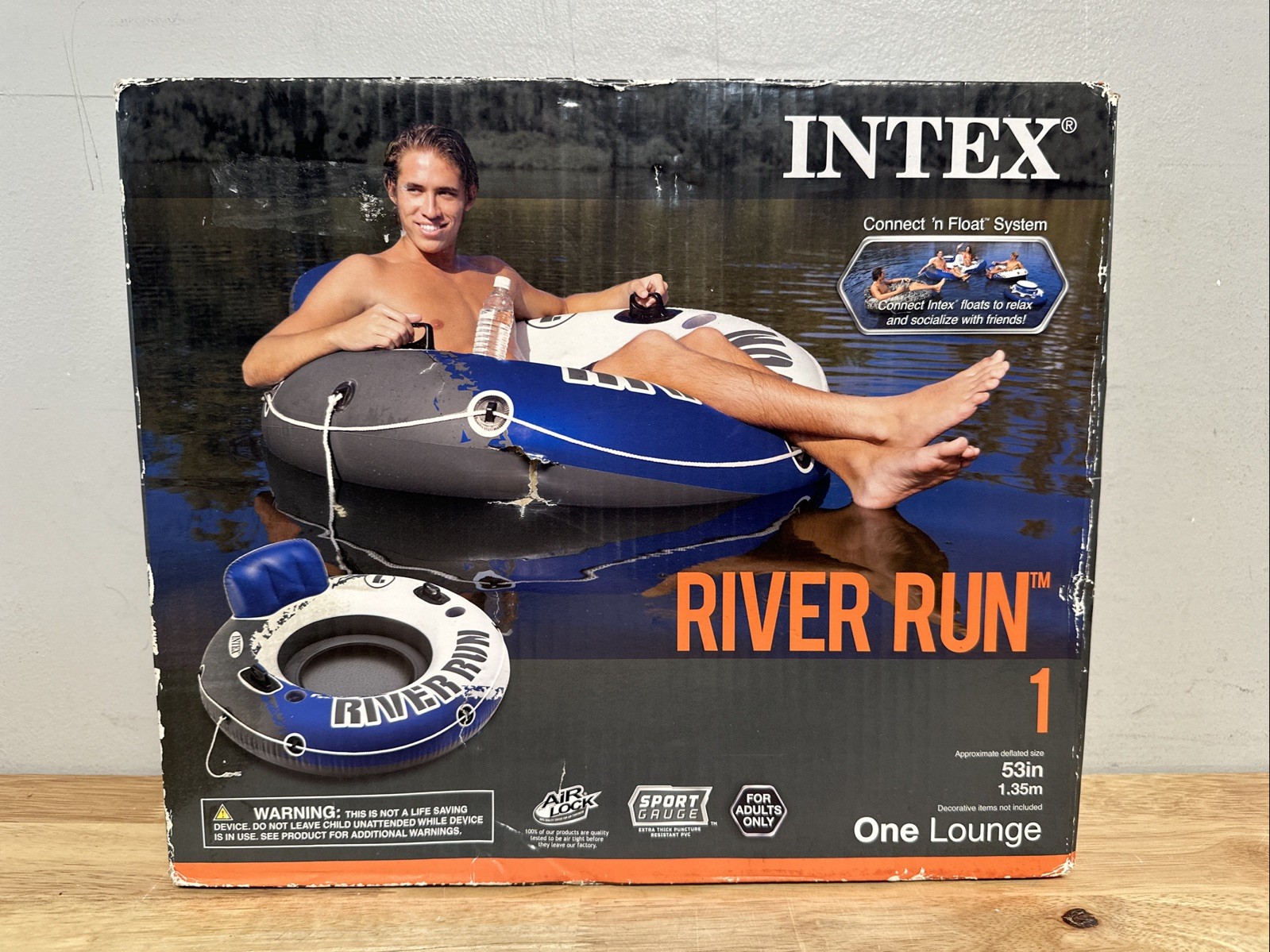 Intex River Run I Sport Lounge 53 inch Inflatable Water Float Blue/White – New