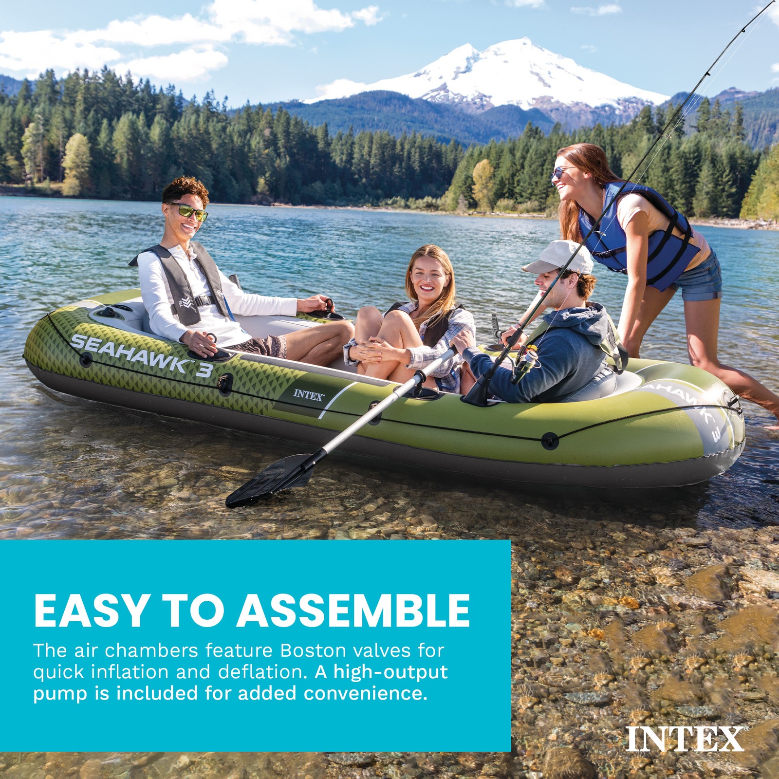 INTEX 66333EP Seahawk 3 Inflatable Boat Set with 54″ Oars, Pump, & Rod Holders