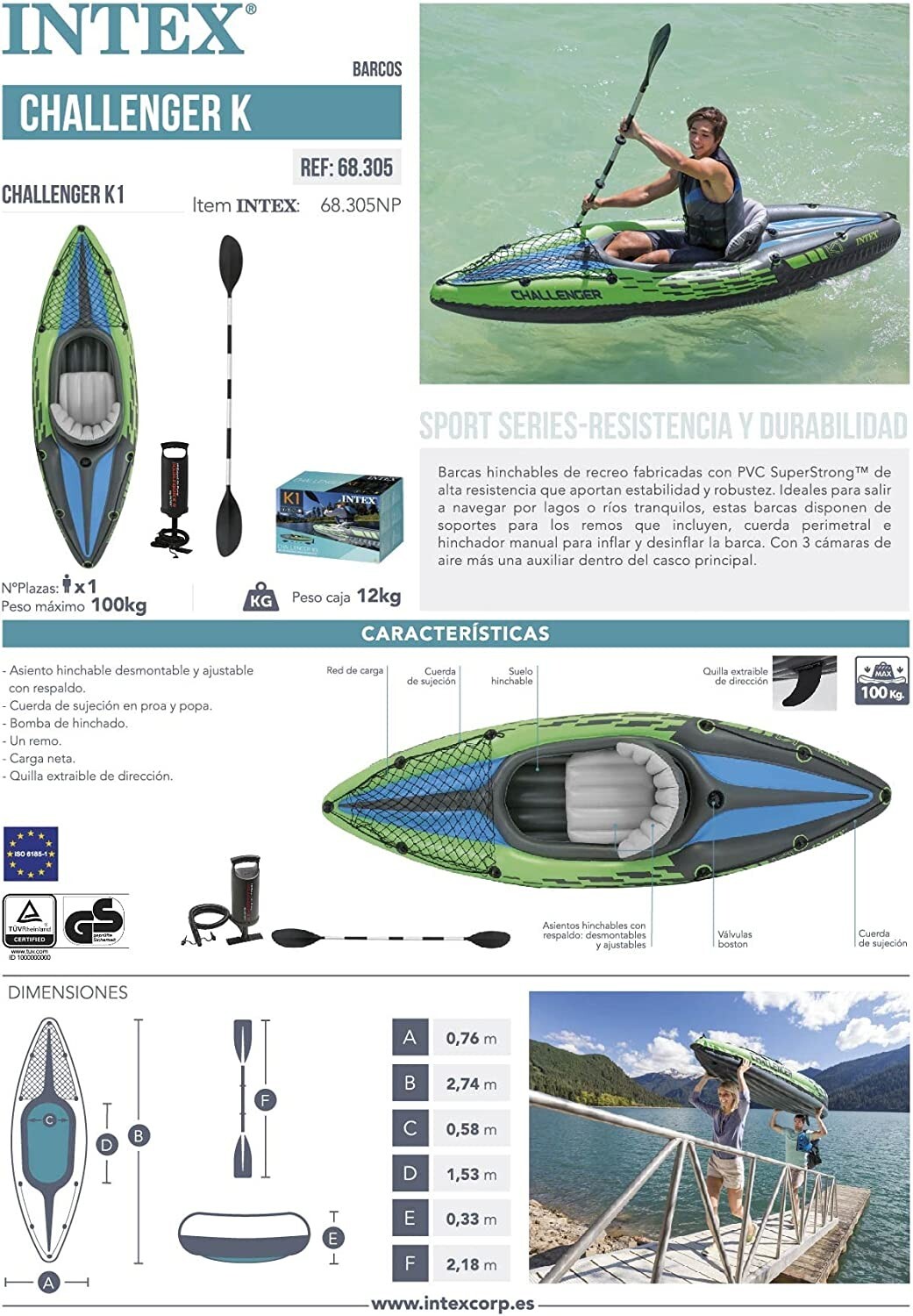 Intex 1 Person Inflatable Challenger K1 Kayak with Aluminum Oars &Air Pump Green