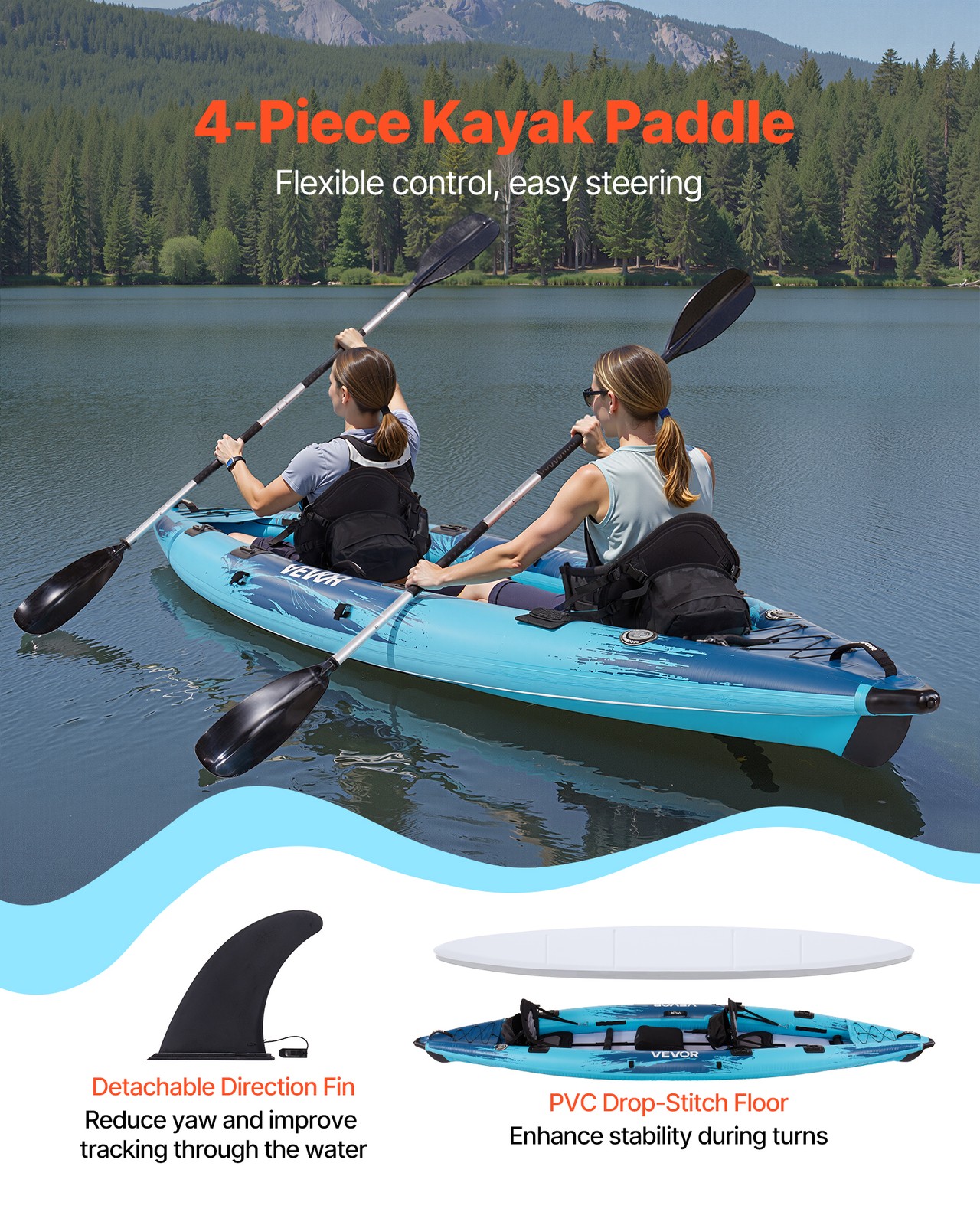 VEVOR Inflatable Kayak 2-Person Inflatable Recreational Kayak 700LBS Capacity