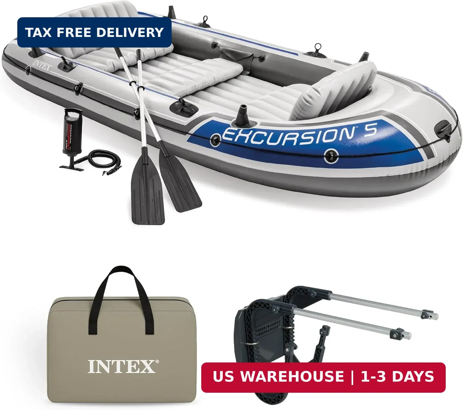Intex Excursion 5 Person Inflatable Outdoor Fishing Raft Boat Set with 2 Aluminu