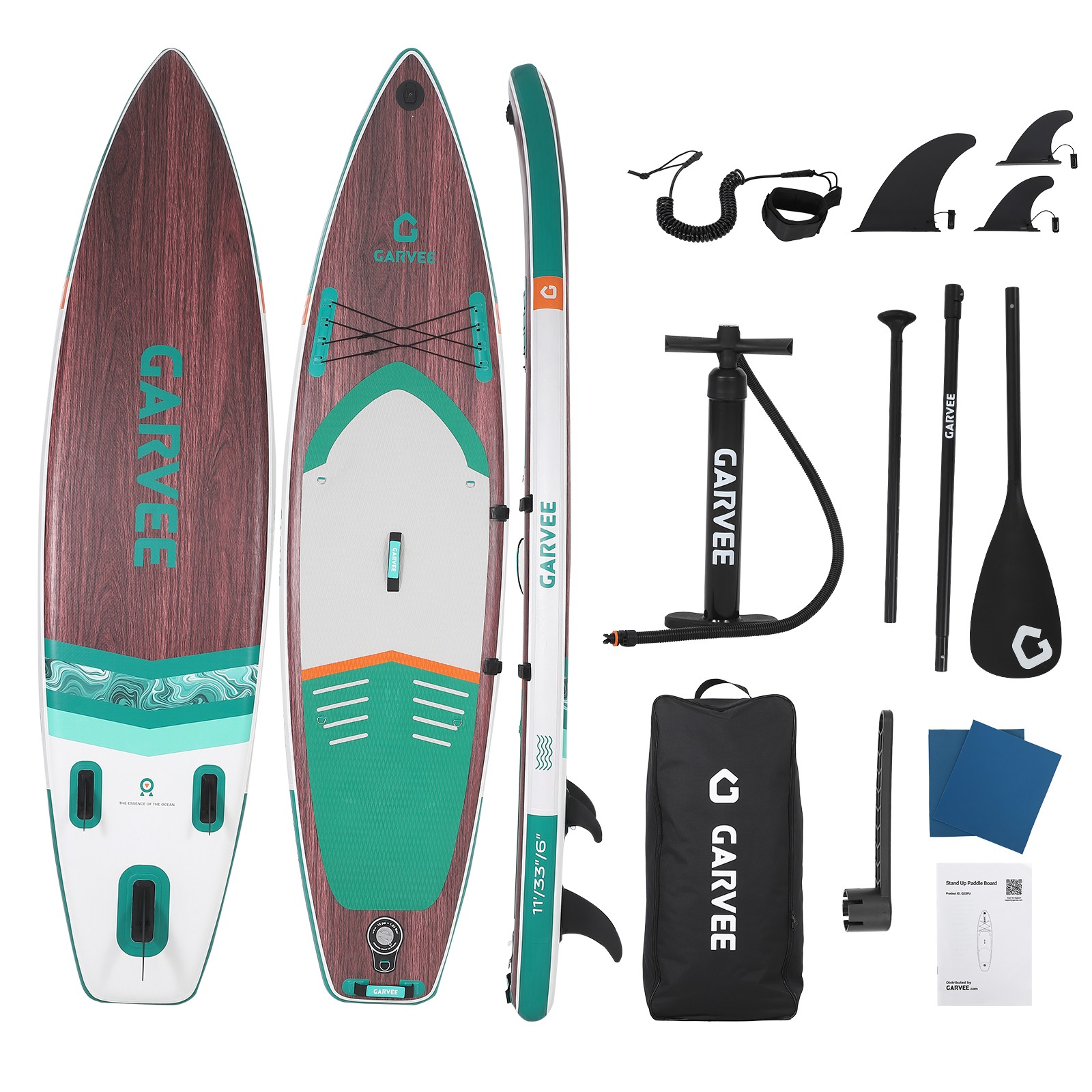 11FT Inflatable Paddle Board SUP 420lb Capacity w/ Paddle Pump Backpack Fins Kit