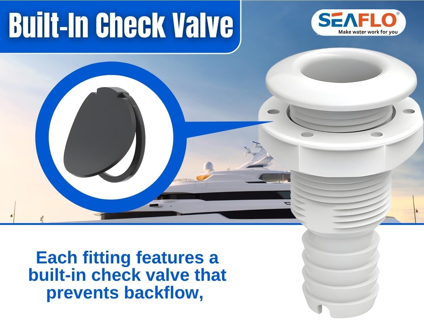 SEAFLO 1-1/8″ White (10-Pack) Thru Hull Check Valve Polypropylene Glass-Filled