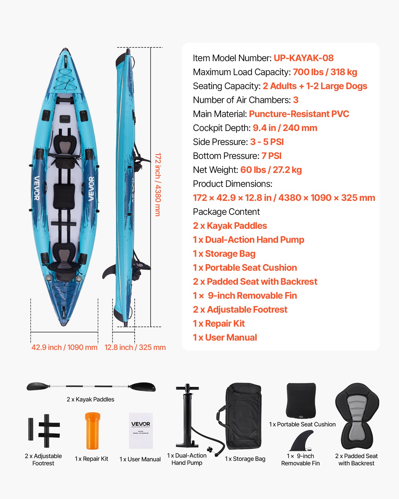 VEVOR Inflatable Kayak 2-Person Inflatable Recreational Kayak 700LBS Capacity