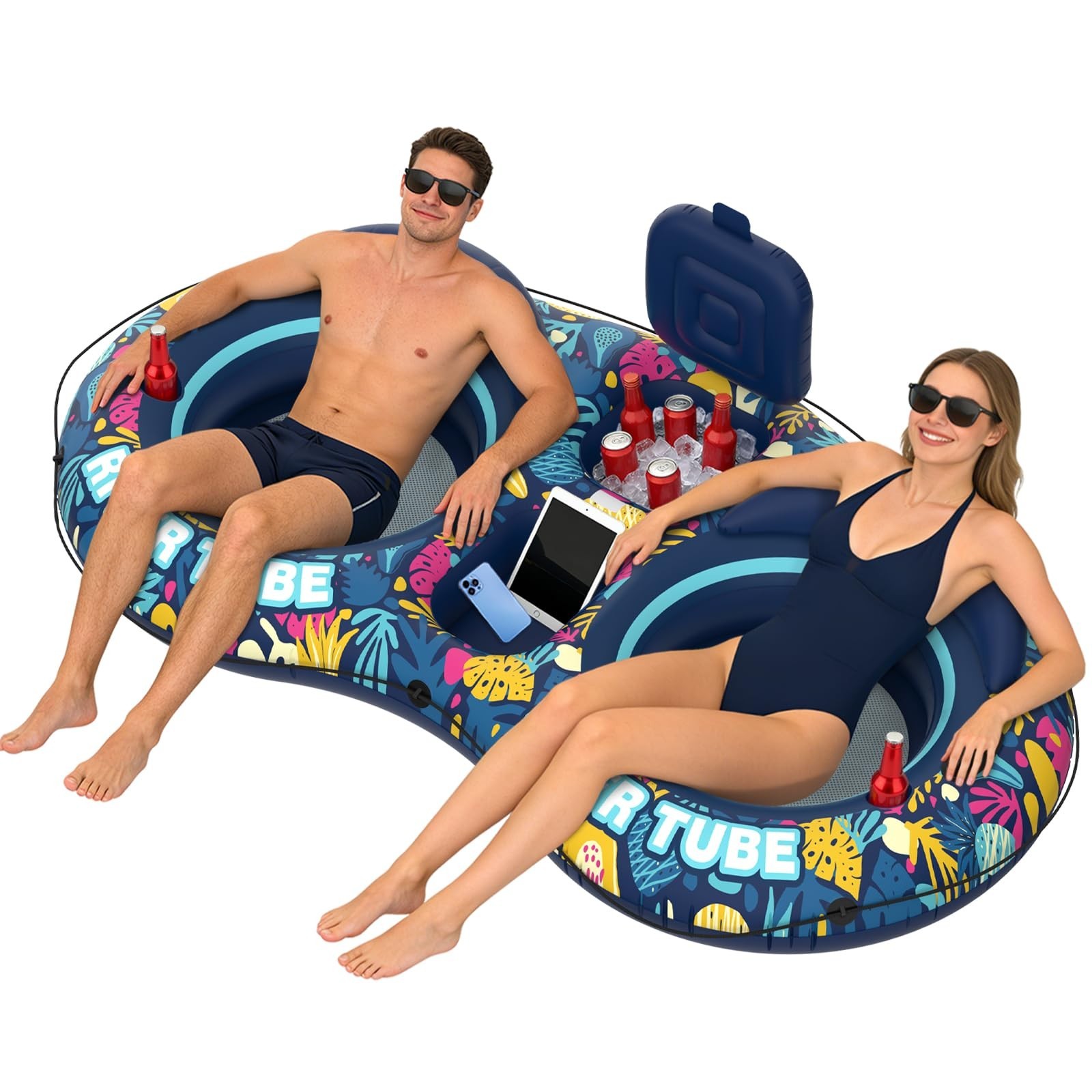 Inflatable 2-Person River Tube Float – Heavy Duty Raft with Cooler & Cup Holders