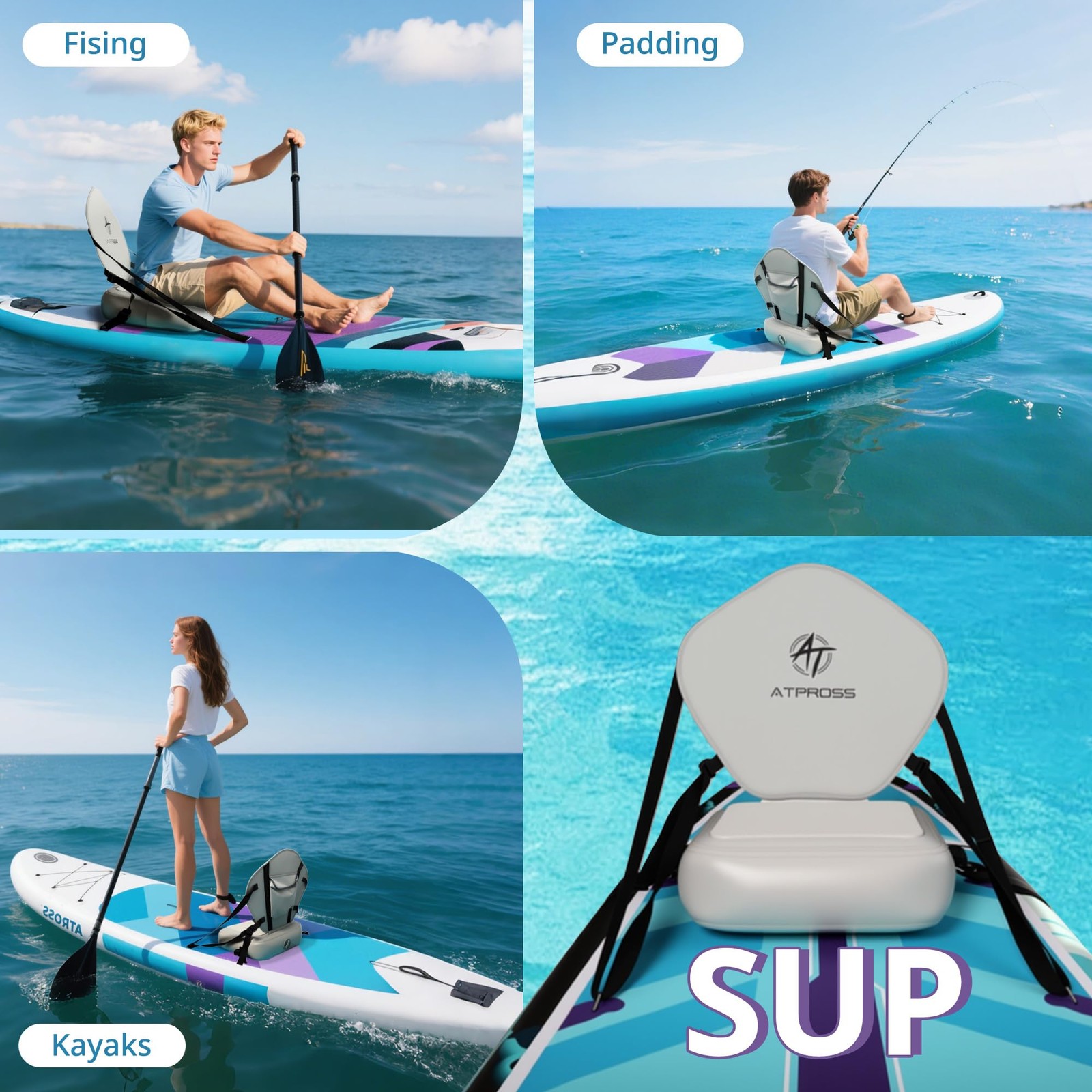 ATPROSS Inflatable Kayak Seat with Padded Backrest, 4 Adjustable Large, White