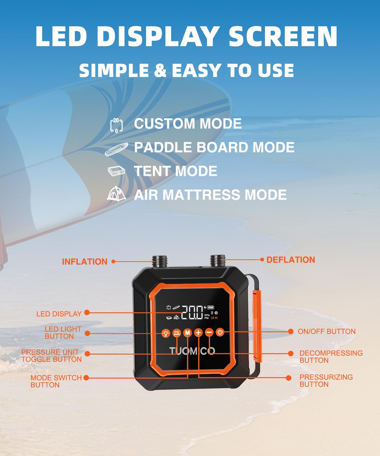 Tuomico Paddle Board Electric Pump Portable Sup Air Small, Black & Orange