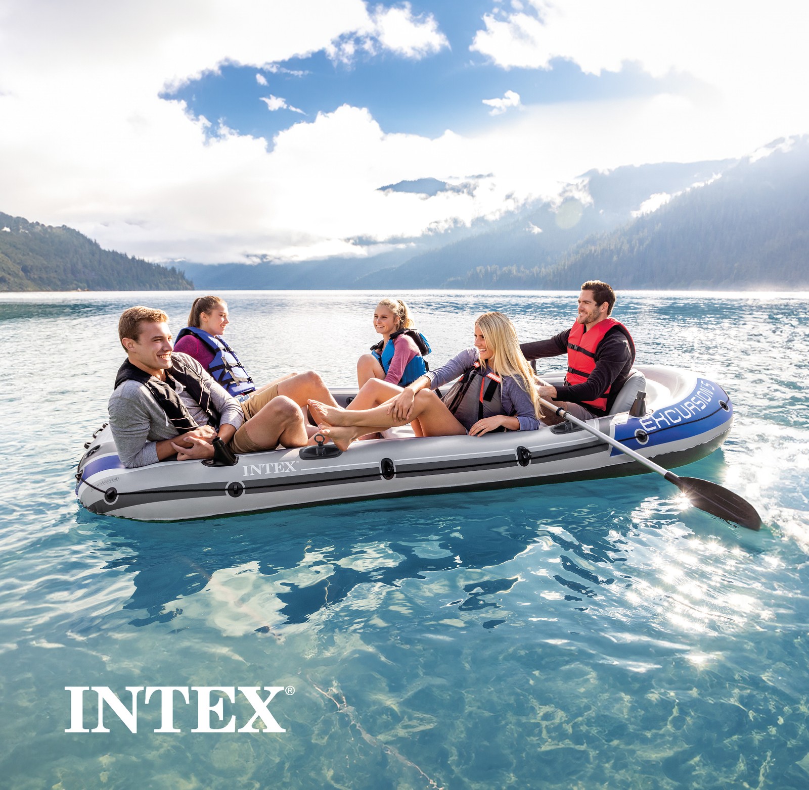 Intex Excursion Inflatable 5 Person Water Fishing River Boat Raft Set with Oars