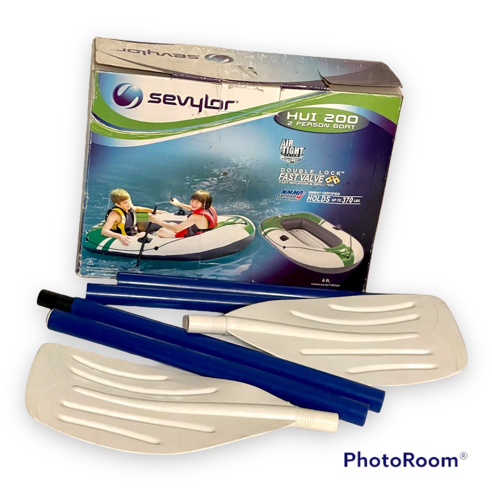 Unused HUI 200 SEVYLOR 2 MAN PERSON RAFT BOAT to 370lbs Open Box w/ Used Paddles