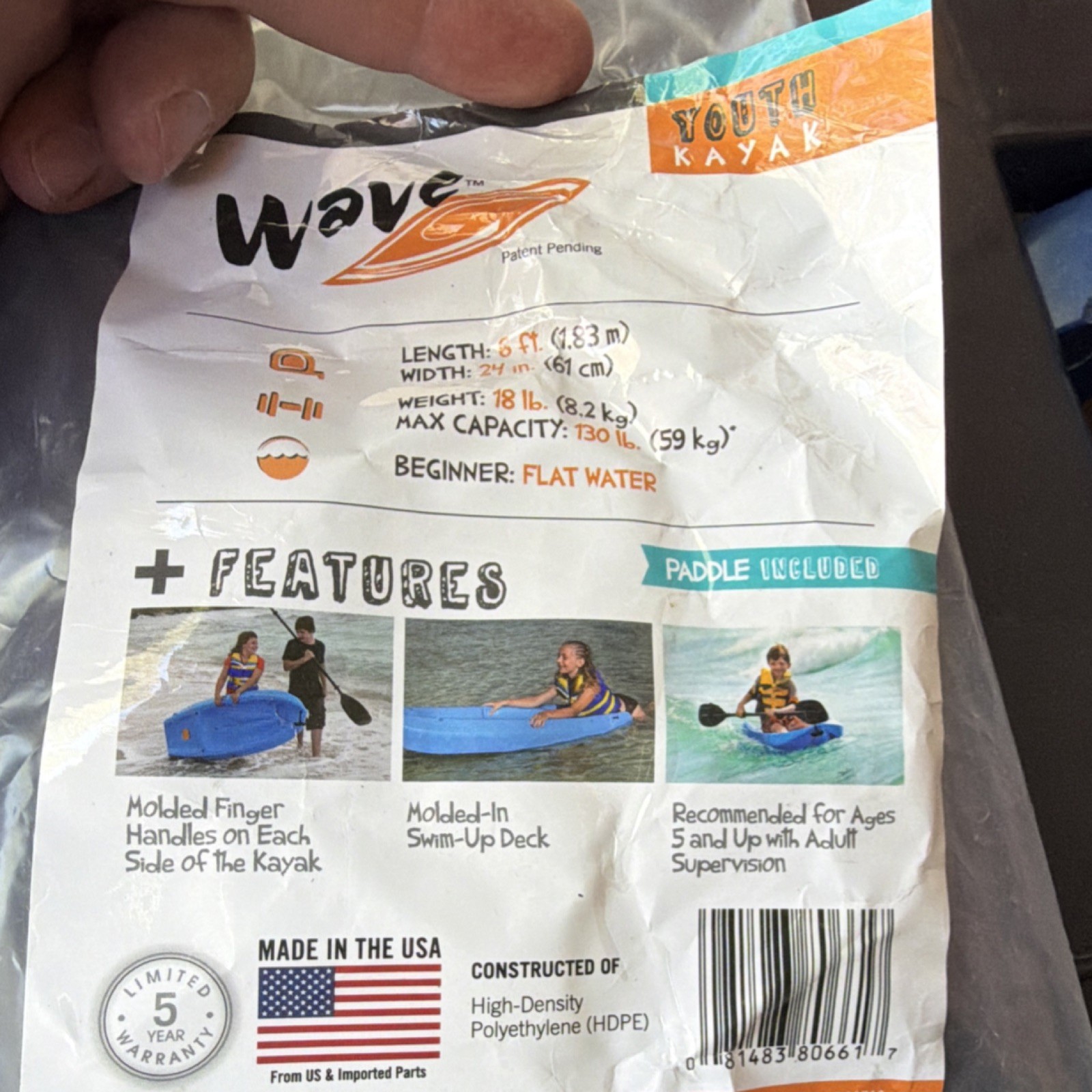 Wave Youth Kayak 6 ft Blue 130 lb Capacity Paddle Included