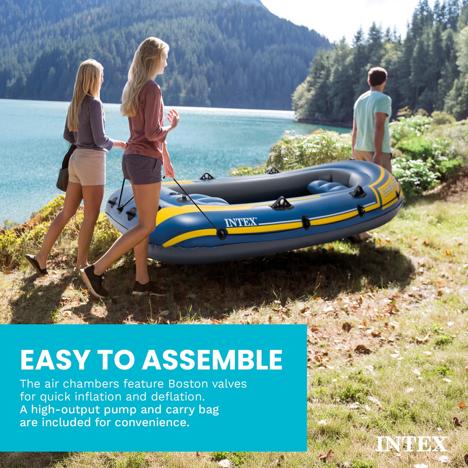 Intex 68370EP Challenger 3 Inflatable Raft Boat Set With Pump And Oars, Blue
