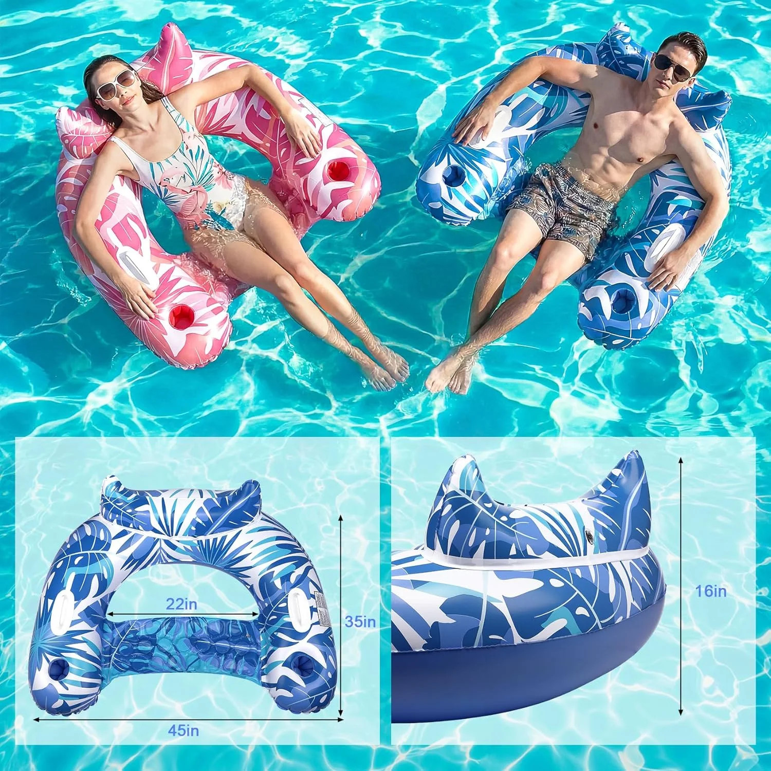 Pool Floats Adult, 2 Pack Inflatable Pool Float Chair, Portable Pool Floaties ..