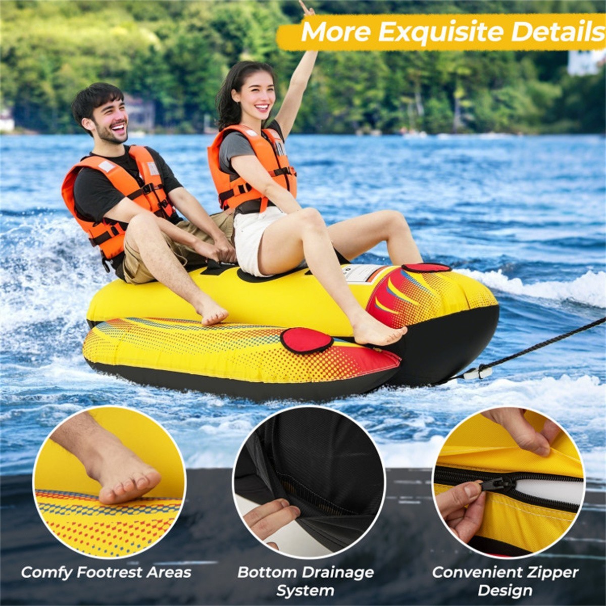 2 Rider Towable Tube Inflatable for Boating Yellow Banana Boat Water Toy 340lb