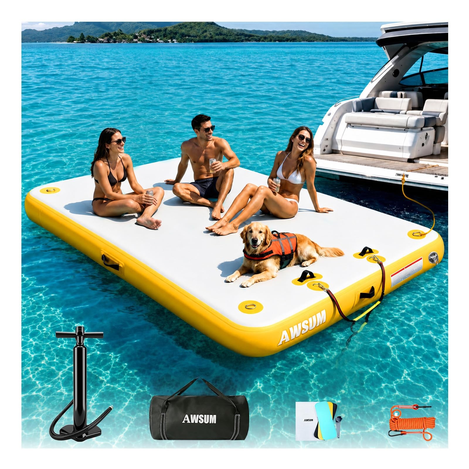AWSUM Inflatable Floating Dock, 6ft Platform Island for 5 X 6 Ft, Yellow
