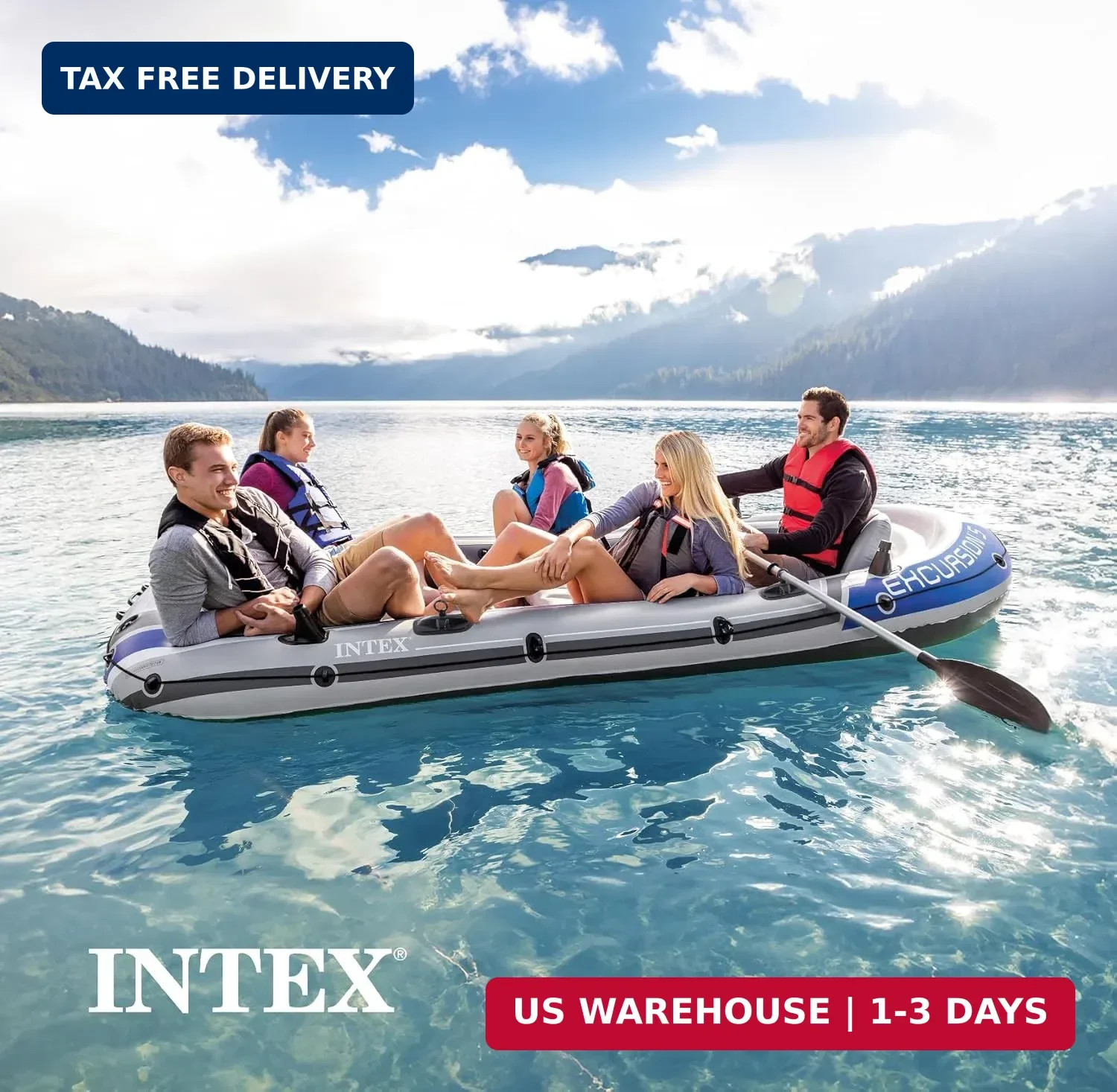 Intex Excursion 5 Person Inflatable Outdoor Fishing Raft Boat Set with 2 Aluminu