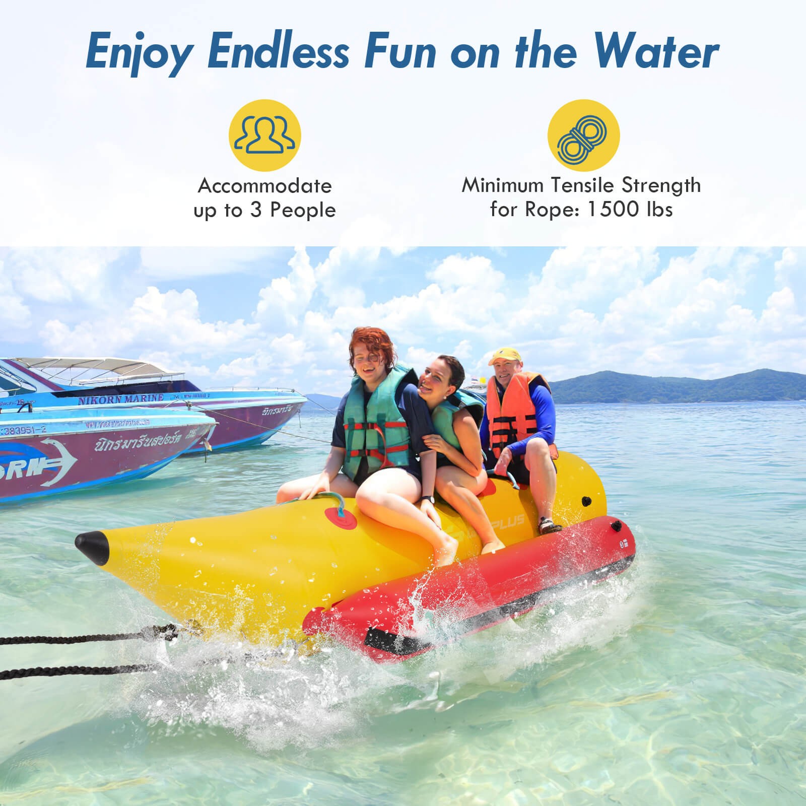 3-Person Inflatable Banana Boat w/ Boating & Water Sports Electric Air Pump
