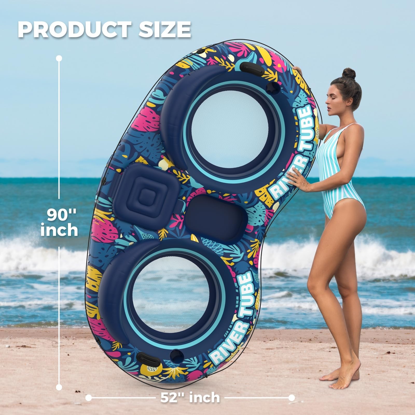 Inflatable 2-Person River Tube Float – Heavy Duty Raft with Cooler & Cup Holders