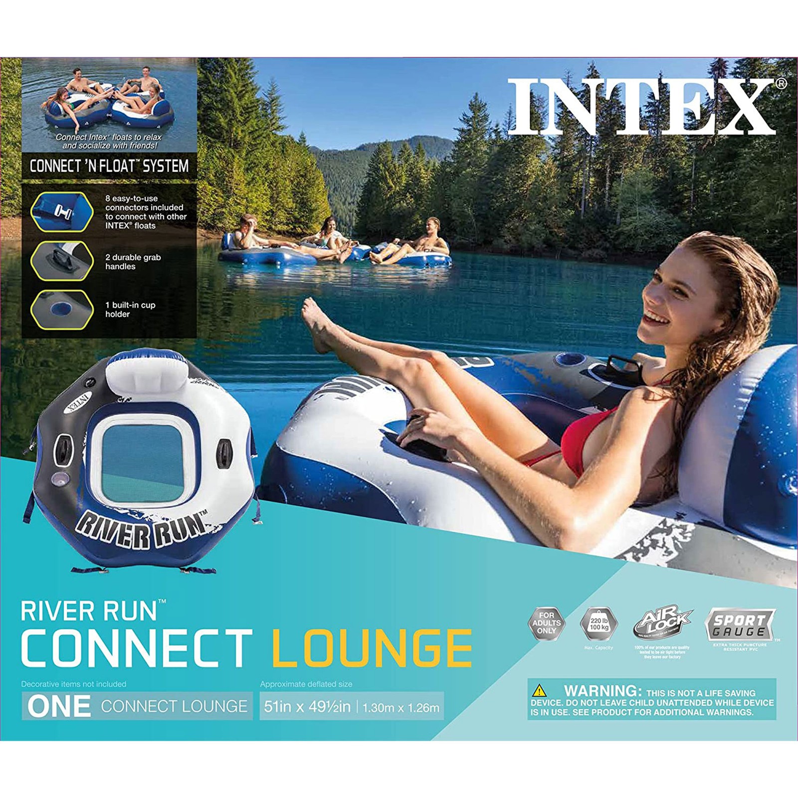 Intex 58854EP River Run Connect Lounge Inflatable Floating Water Tube (3 Pack)
