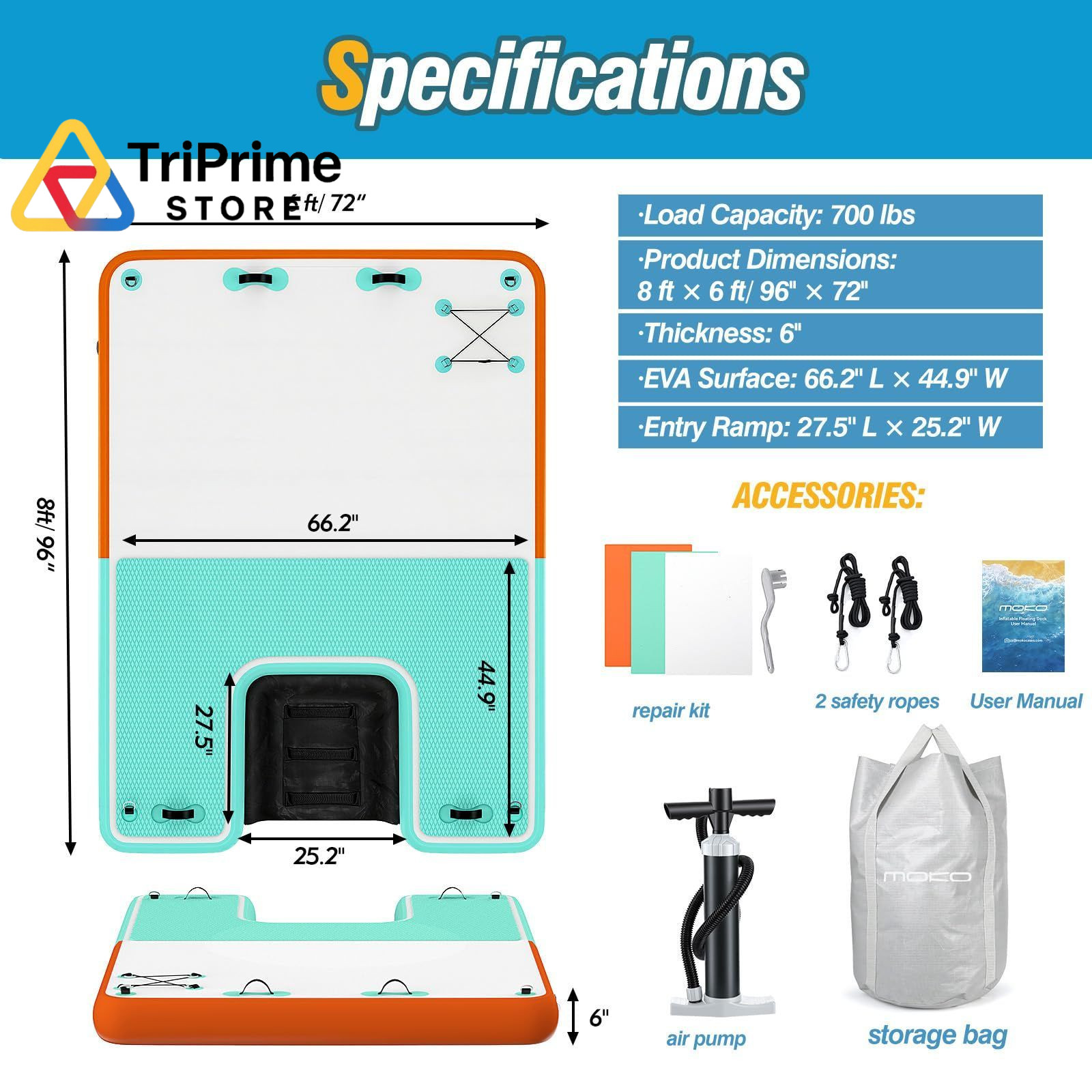 MoKo Inflatable Floating Dock, 8×6ft Air Dock 8×6 ft, Mint Green + Orange