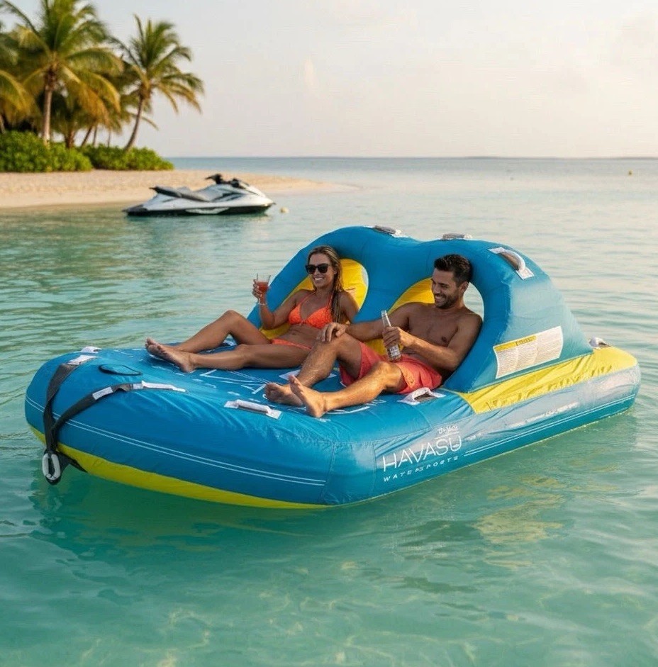 4 Person Towable Tube Boat Water Sport Floating Lounge Raft 510 lb w/Pump & Rope