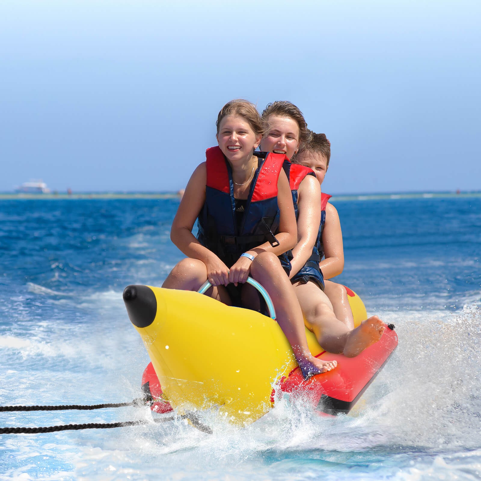3-Person Inflatable Banana Boat w/ Boating & Water Sports Electric Air Pump