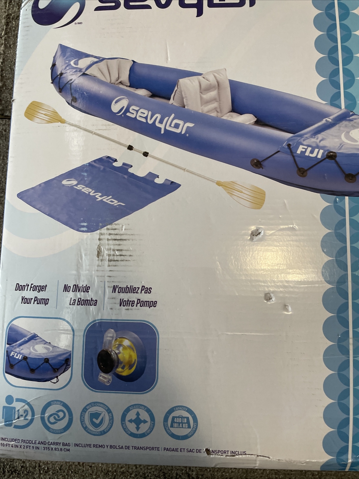 Sevylor Fiji Kayak Travel Inflatable Pack – Blue- Box May Have Distress