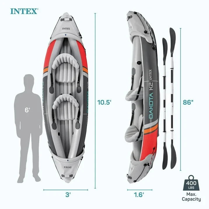 2-Person Inflatable Kayak Set with Oars & Pump – Dakota K2 Style Touring Canoe