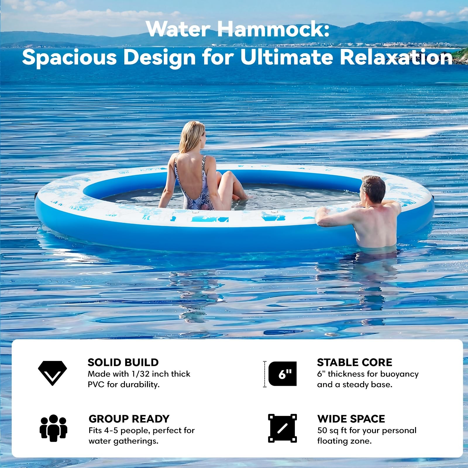 Danrelax Inflatable Floating Dock, 8FT Round Float Ring 8FT, Blue Crackle
