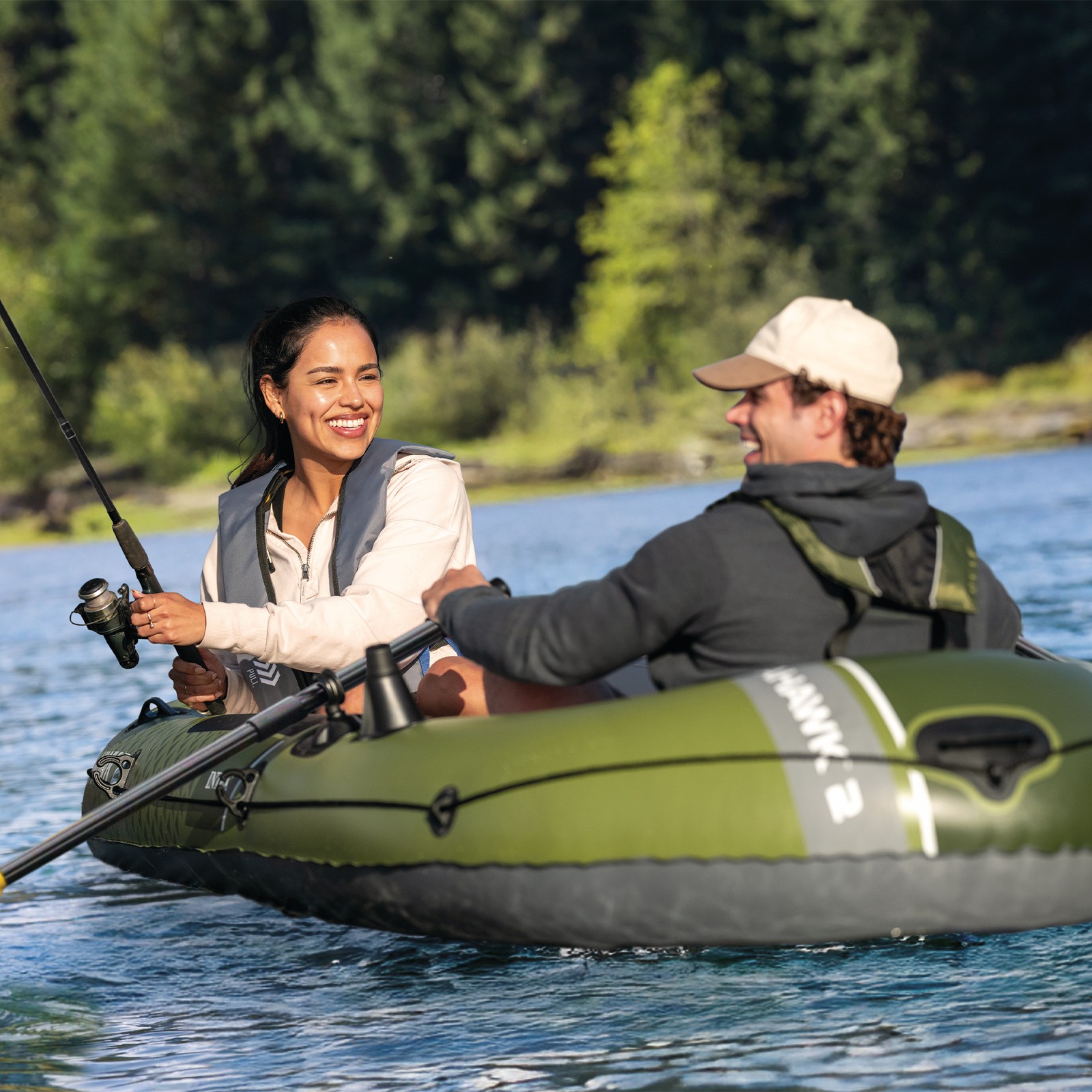 INTEX 66332EP Seahawk 2 Inflatable Boat Set with 48″ Oars, Pump, & Rod Holders