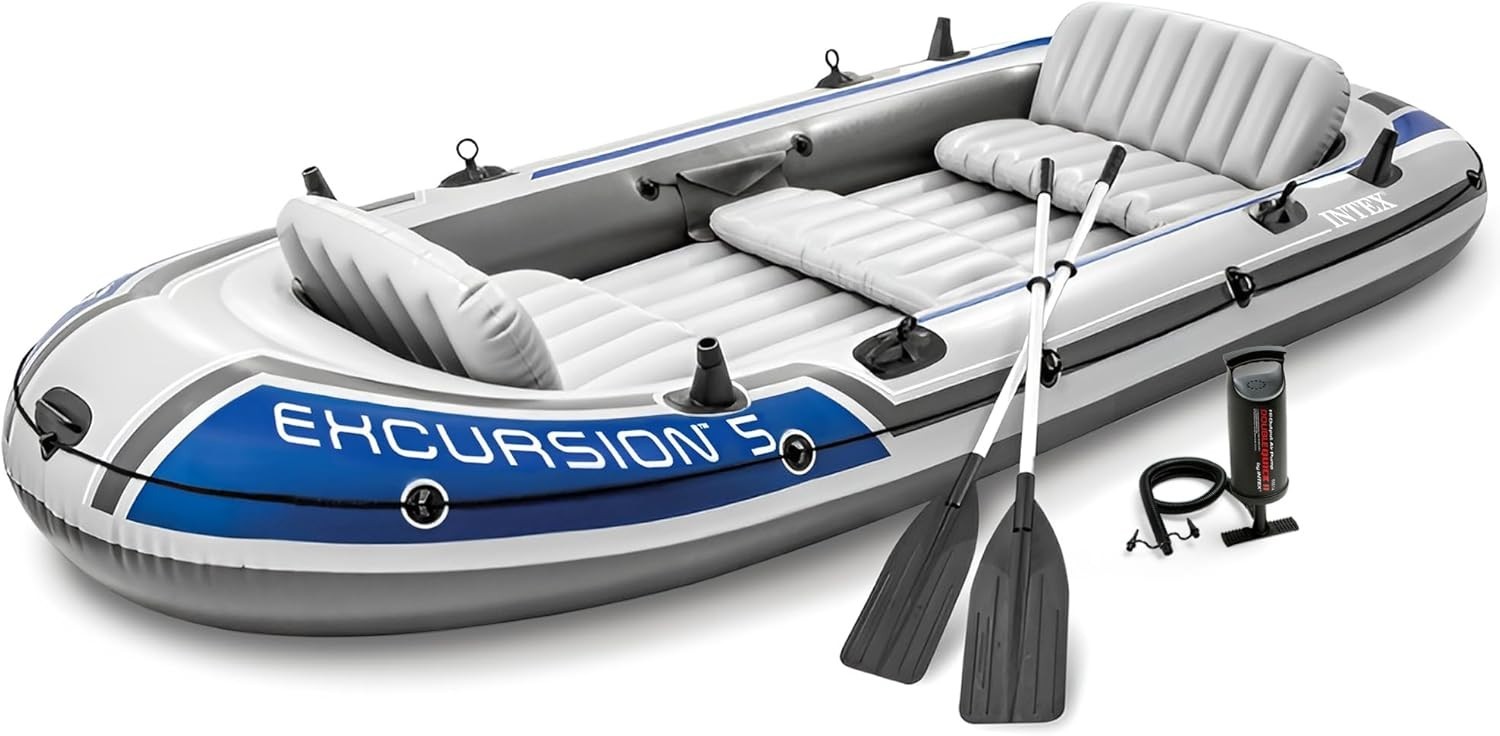 Excursion 5 Person Inflatable Boat, Water Fishing River Raft Set w/ Oars – Large