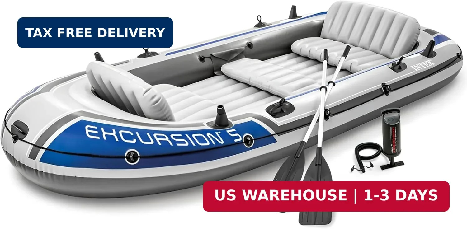 Excursion 5 Person Inflatable Boat, Water Fishing River Raft Set w/ Oars
