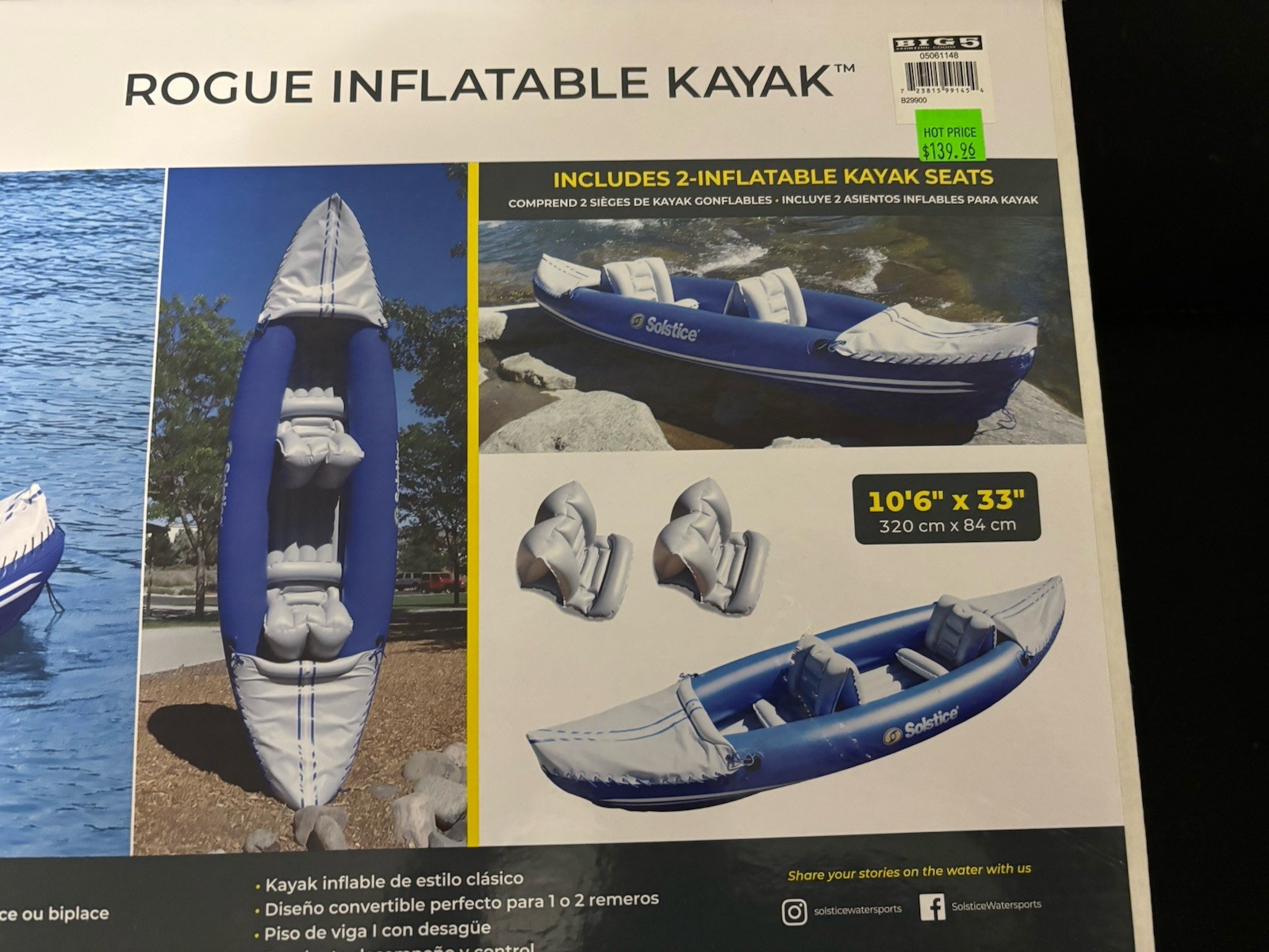 Solstice Rogue Inflatable Kayak 10’6” – 1 or 2 Person – New in Box, Never Used