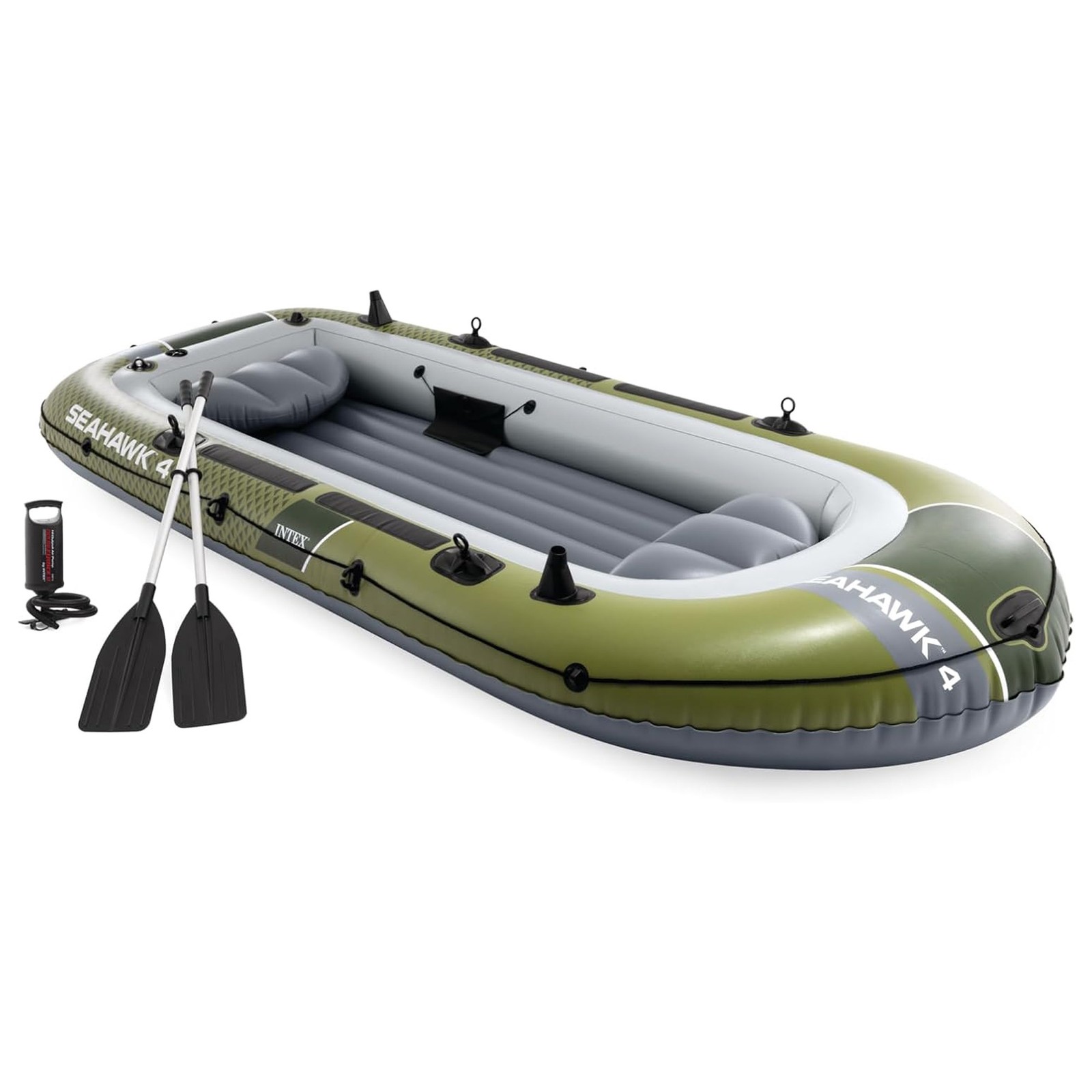 INTEX 66334EP Seahawk 4 Inflatable Boat Set with 54″ Oars, Pump, & Rod Holders
