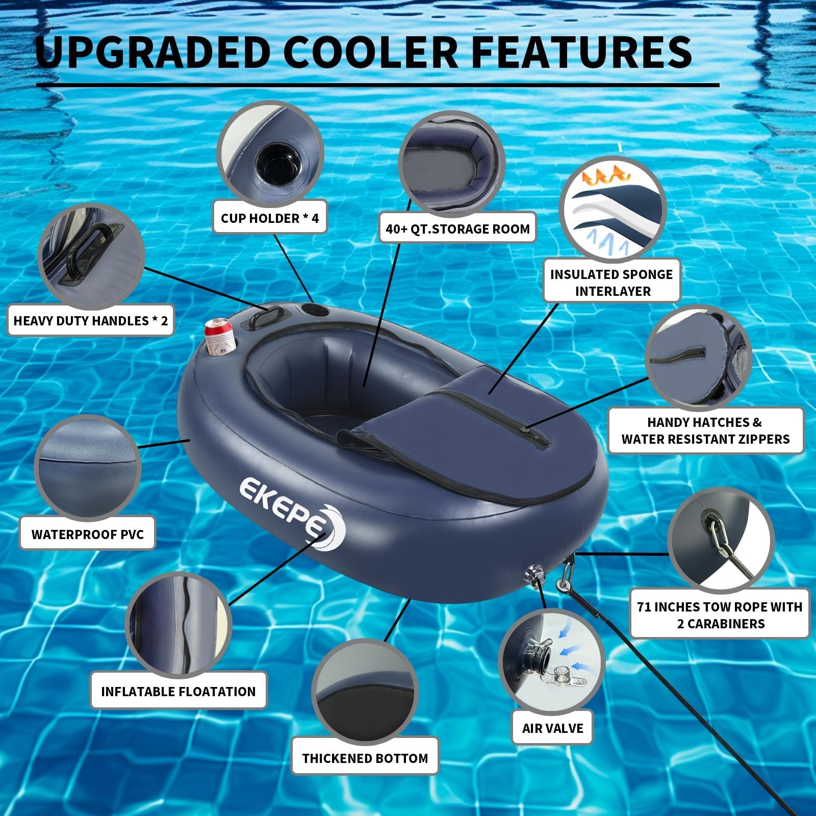 40 QT Inflatable Kayak Cooler Float with Tow Rope – Heavy Duty PVC, 4 Cup Holder